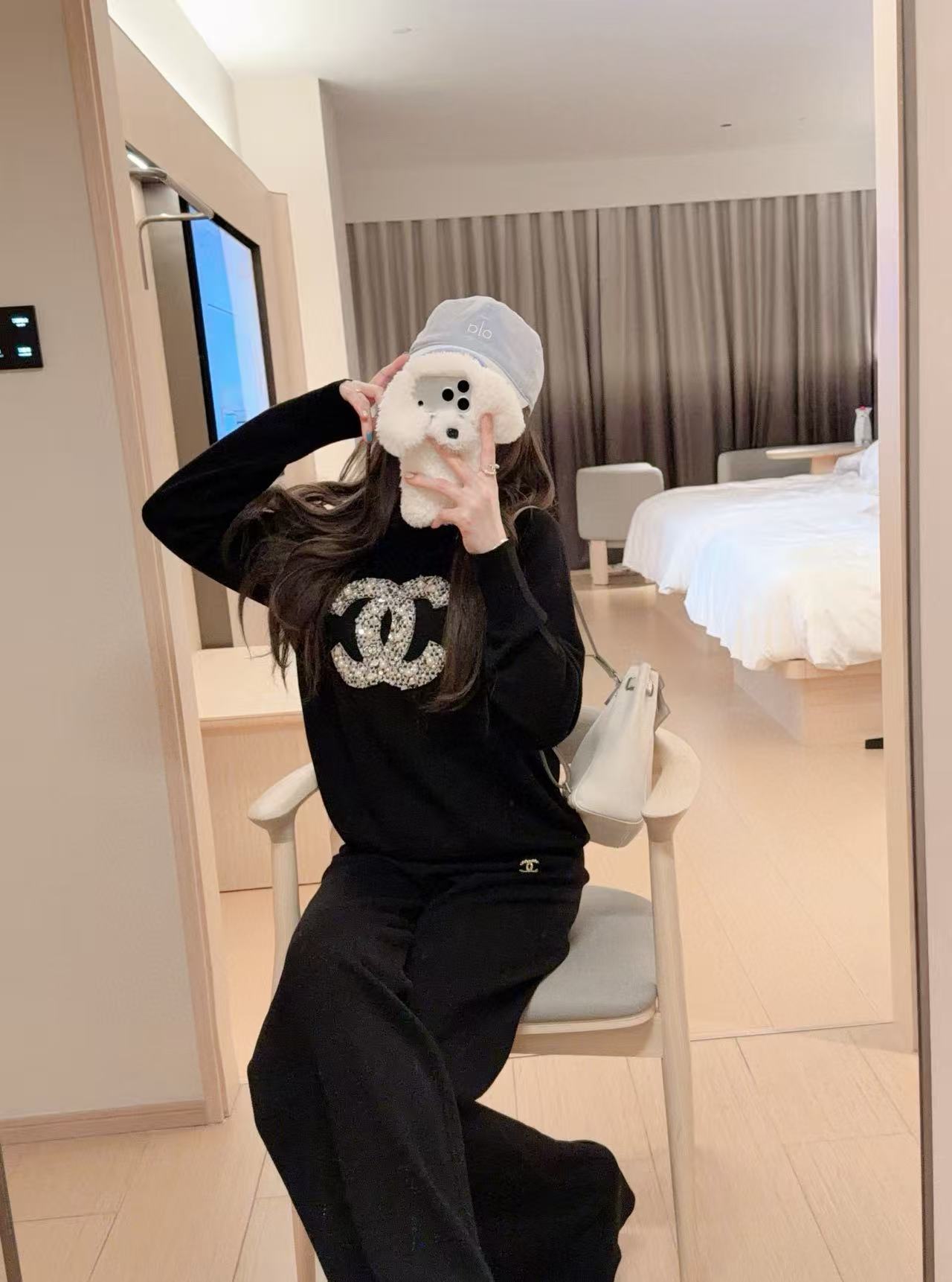 CHANE1 ダブルC ラインストーンスタッズウール ツーピースセット【50％割引+送料無料】