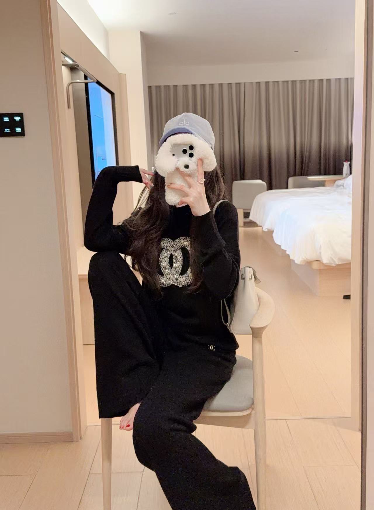 CHANE1 ダブルC ラインストーンスタッズウール ツーピースセット【50％割引+送料無料】