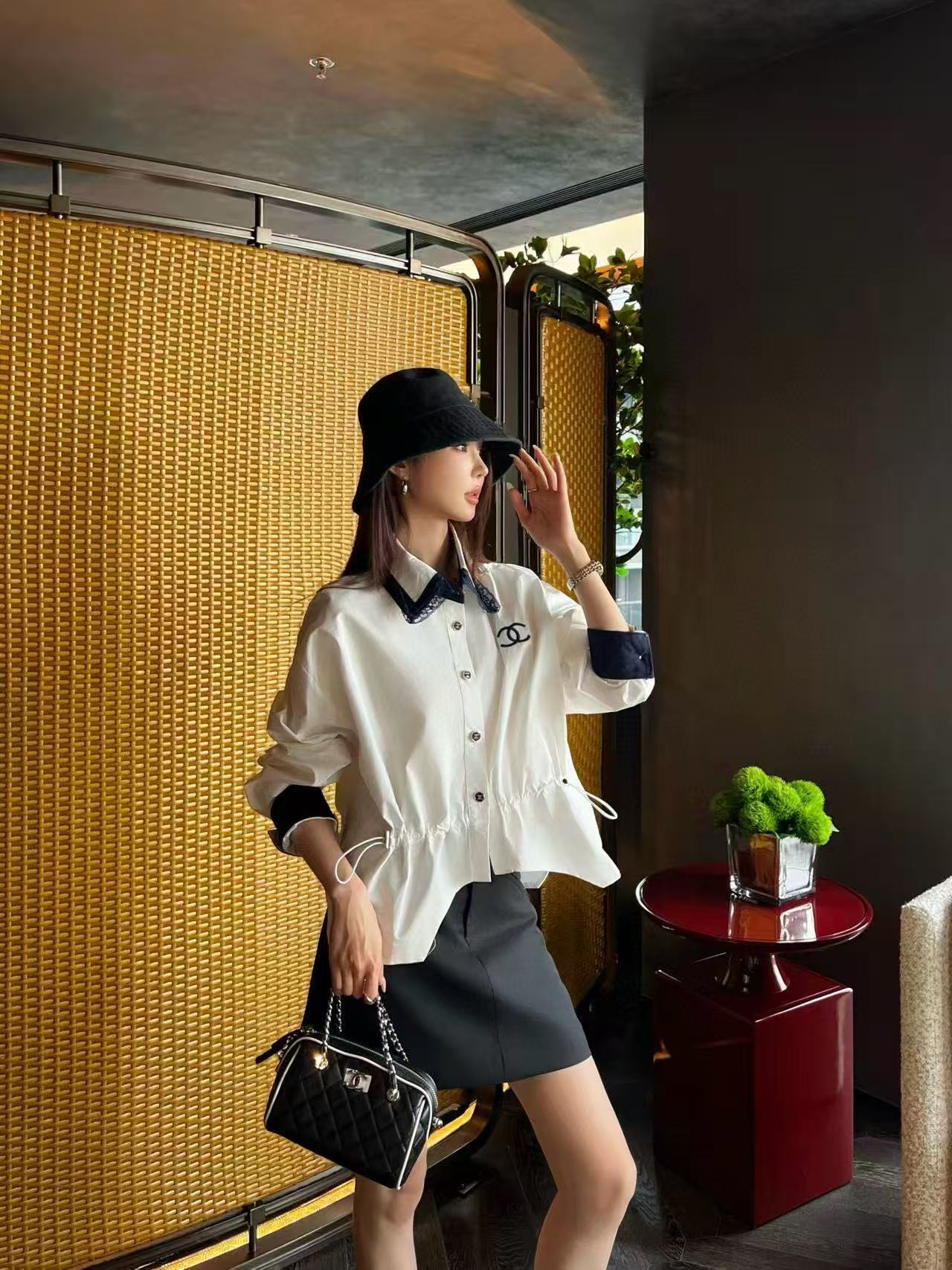 CHANE1 ダブルC ウエスト絞りドローストリングシャツ【50％割引+送料無料】