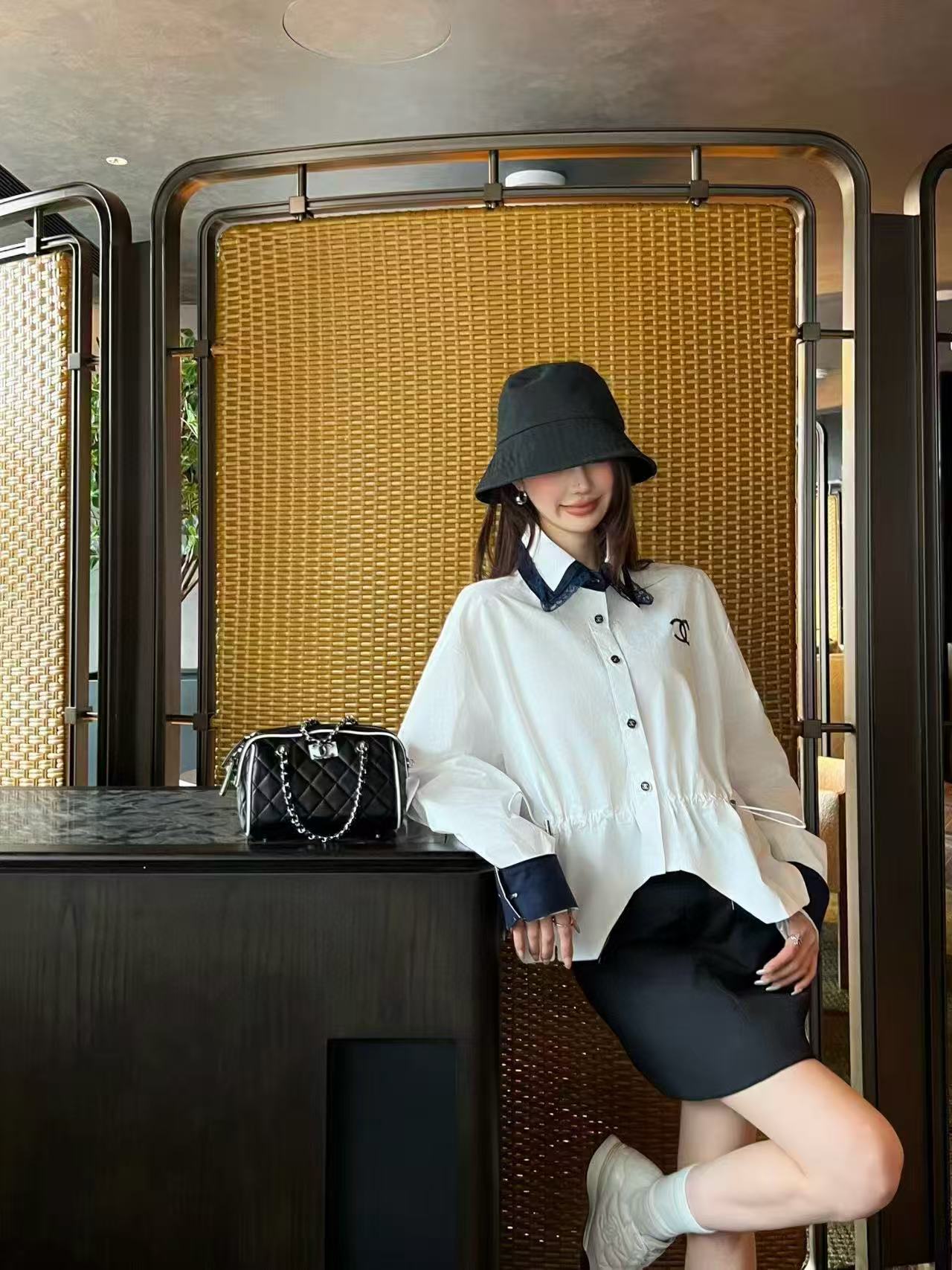 CHANE1 ダブルC ウエスト絞りドローストリングシャツ【50％割引+送料無料】