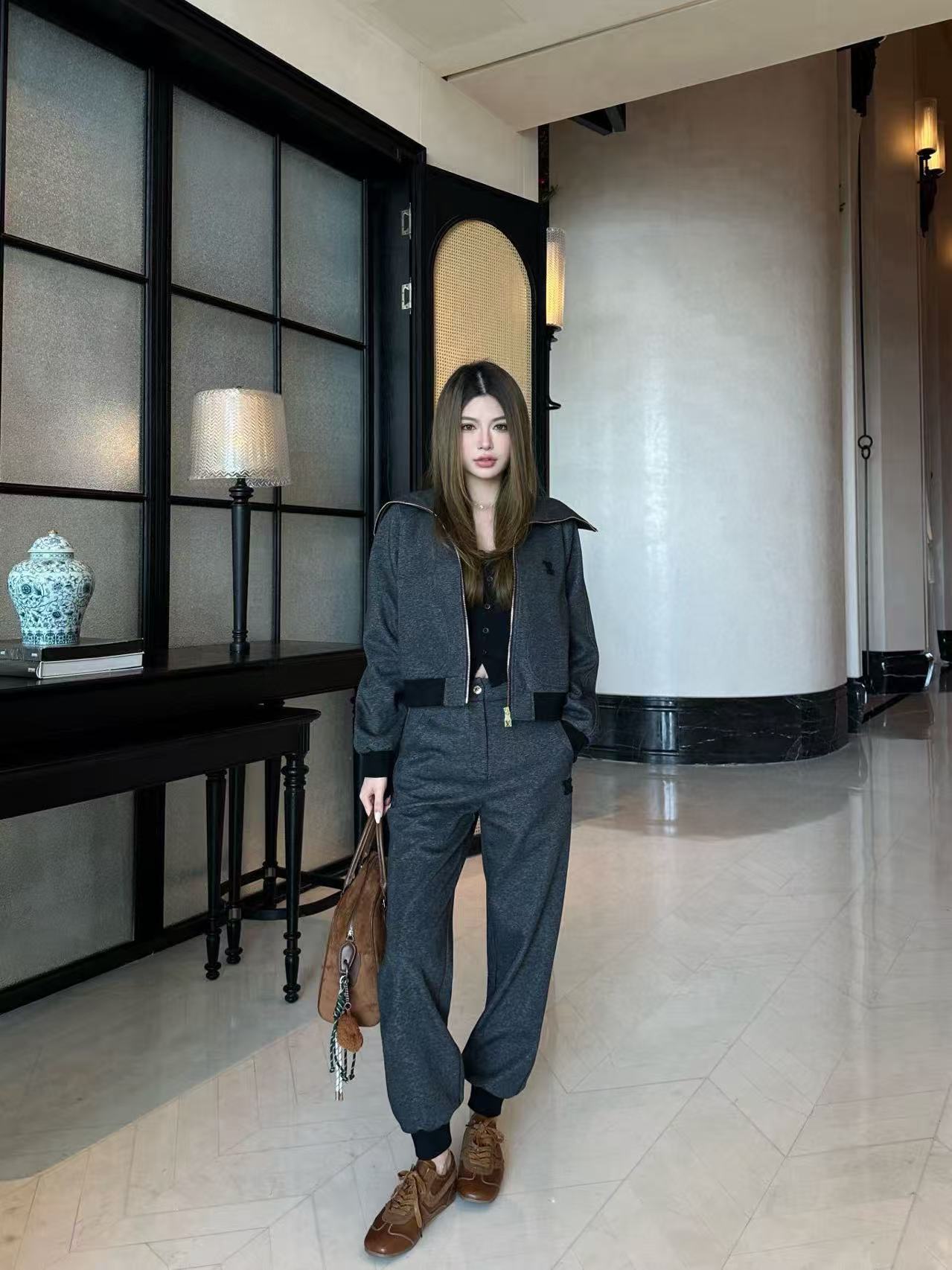 LVツーピースセット：ラペルジップアップジャケットとパンツ【50％割引+送料無料】