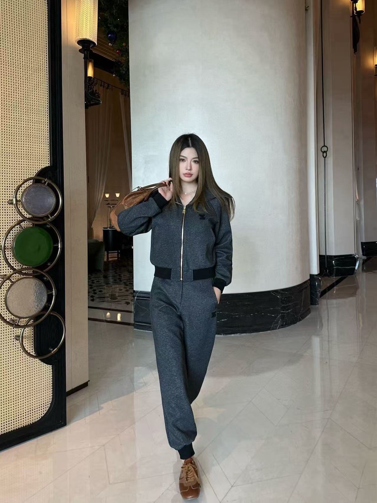 LVツーピースセット：ラペルジップアップジャケットとパンツ【50％割引+送料無料】