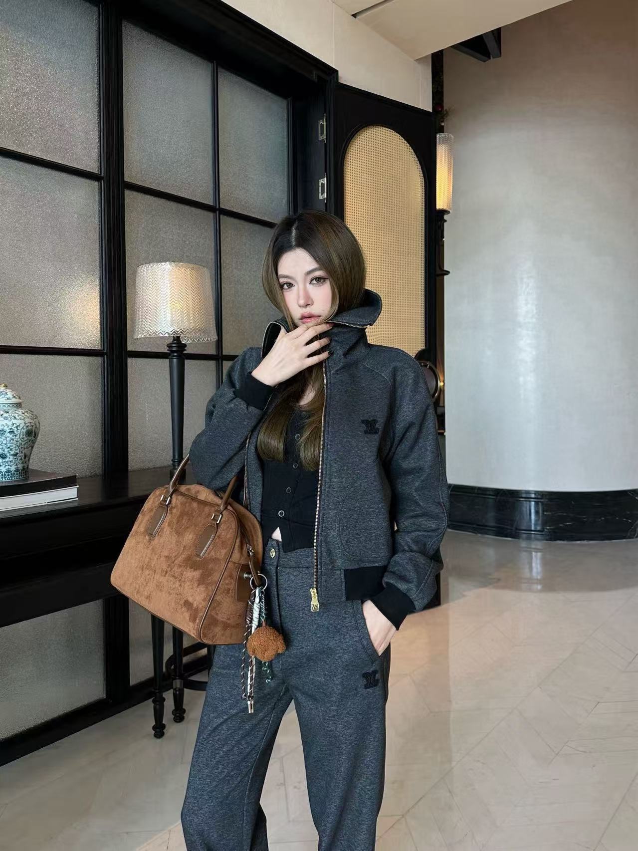 LVツーピースセット：ラペルジップアップジャケットとパンツ【50％割引+送料無料】