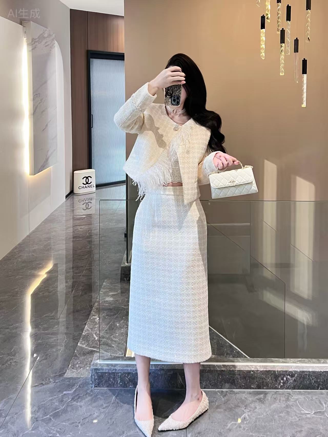 CHANE1 高品質羽毛コート＋スカートのツーピースセット【50％割引+送料無料】