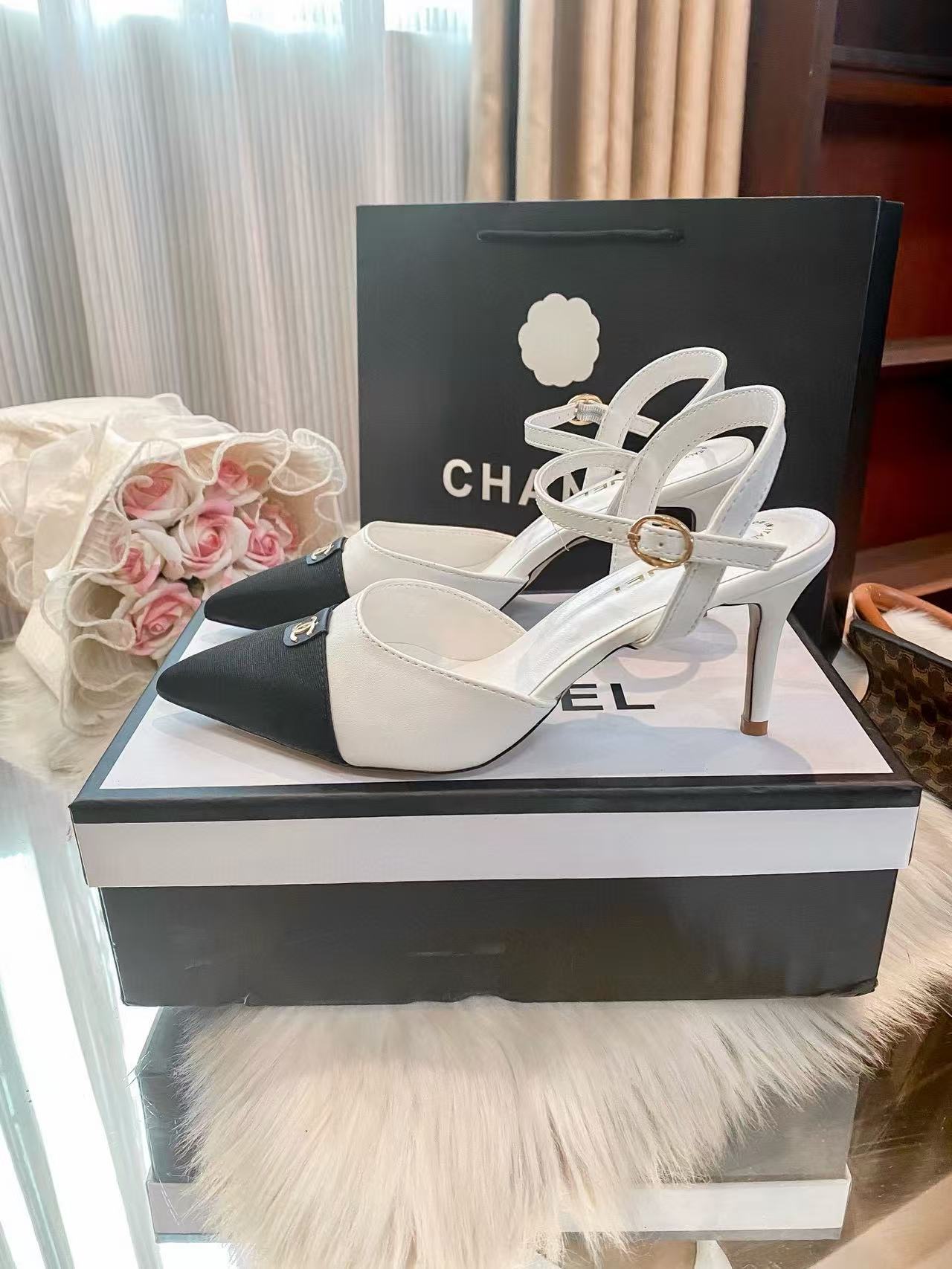 CHANE1 ダブルC ツートン ポインテッドトゥ ハイヒール【50％割引+送料無料】