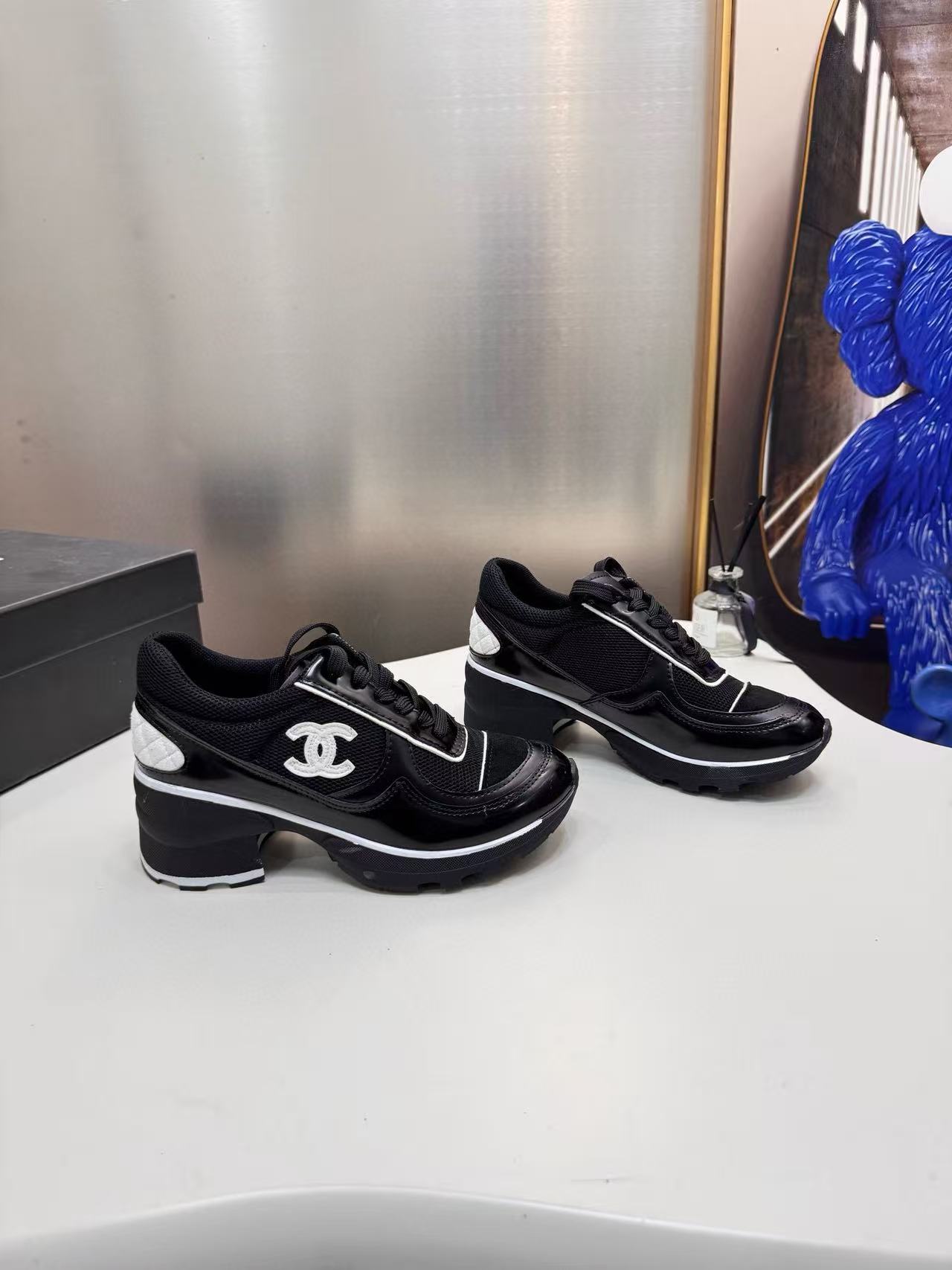 CHANE1 ダブルC 厚底カラーブロックスニーカー【50％割引+送料無料】