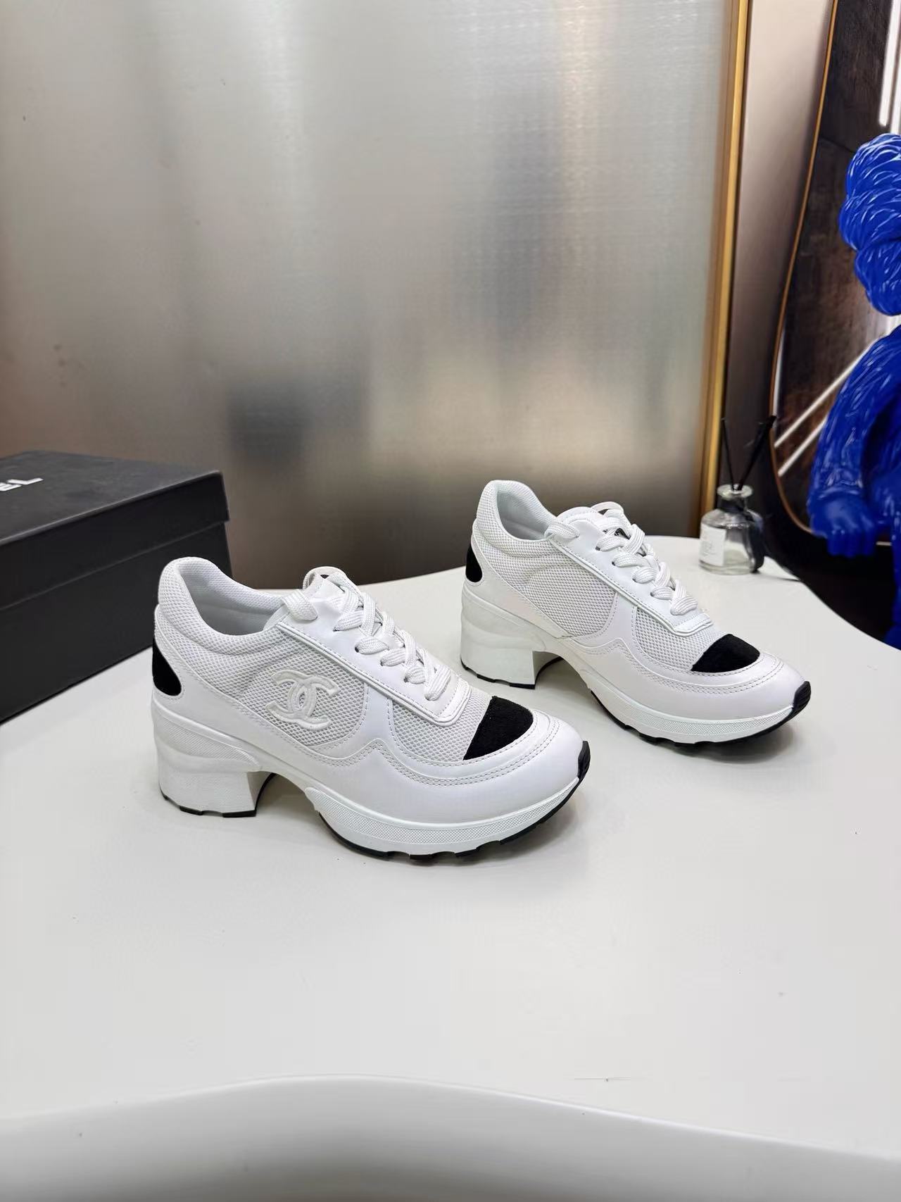 CHANE1 ダブルC 厚底カラーブロックスニーカー【50％割引+送料無料】