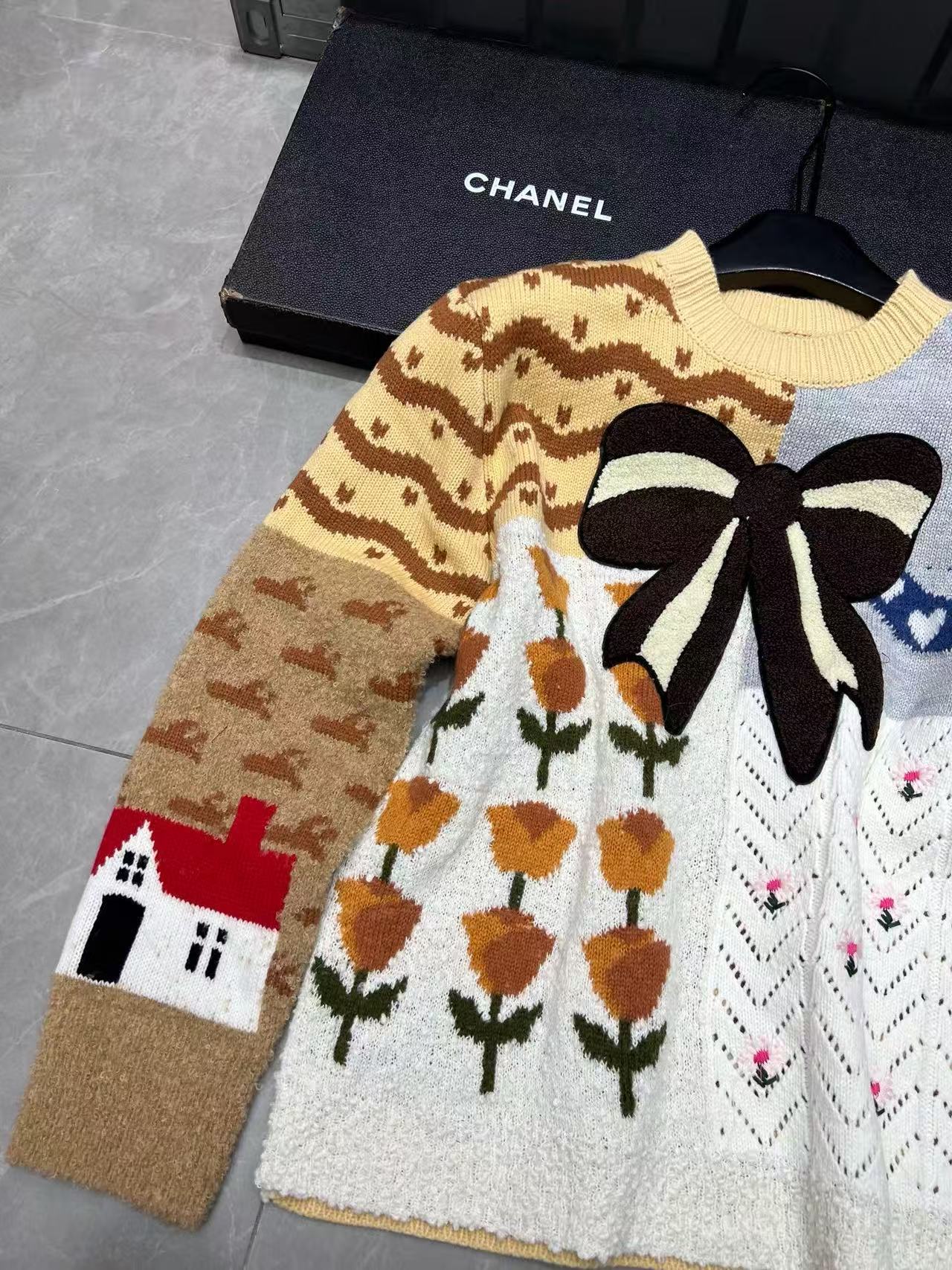 CHANE1 ボウタイカラーブロックセーター【50％割引+送料無料】