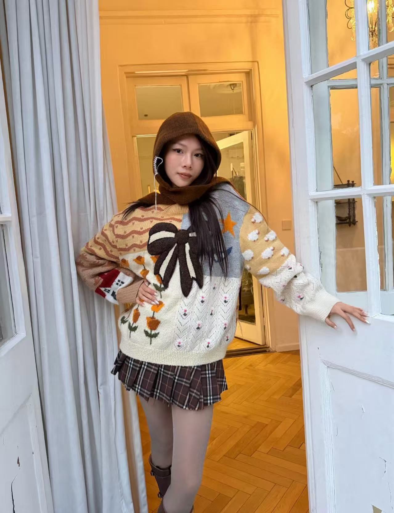 CHANE1 ボウタイカラーブロックセーター【50％割引+送料無料】