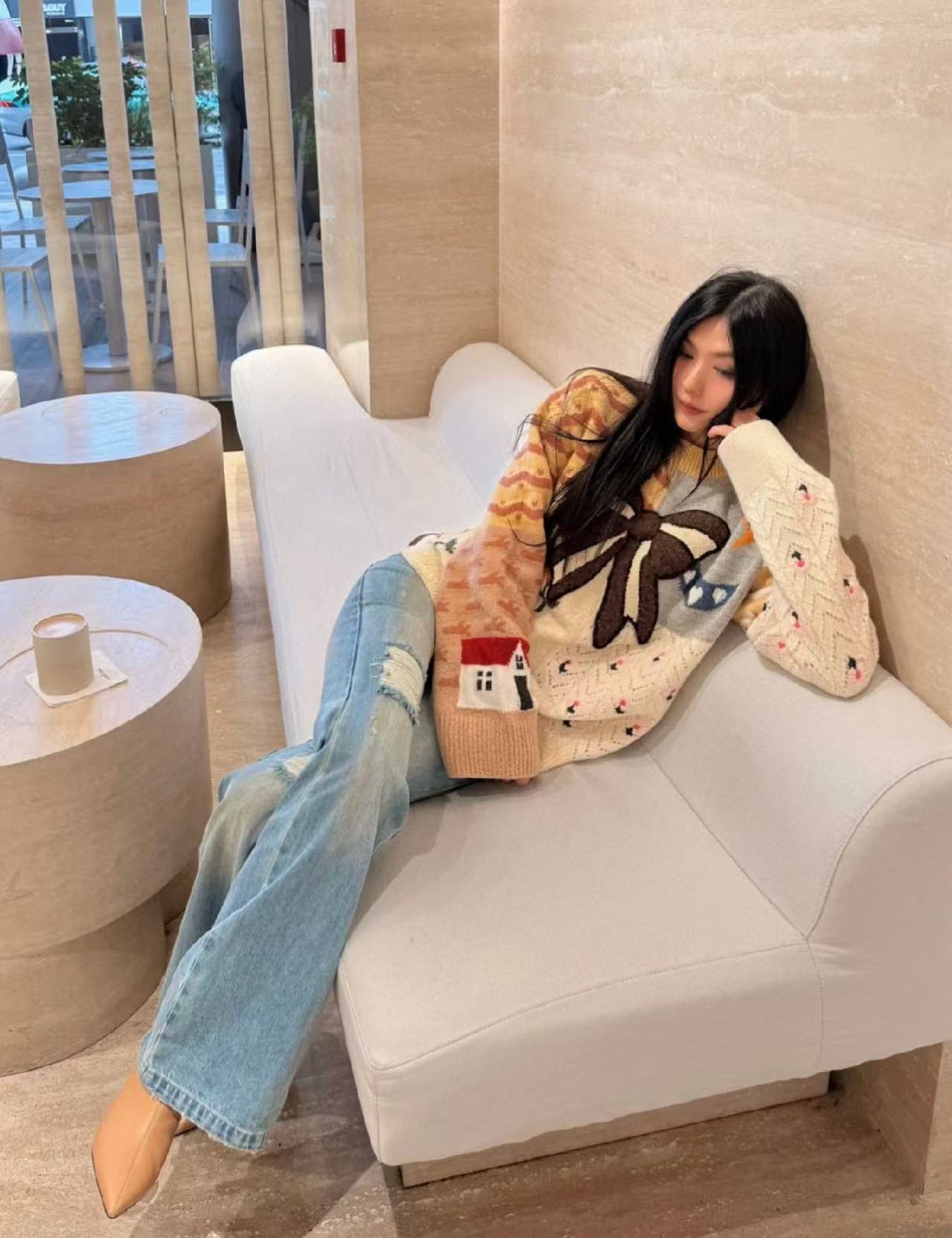 CHANE1 ボウタイカラーブロックセーター【50％割引+送料無料】