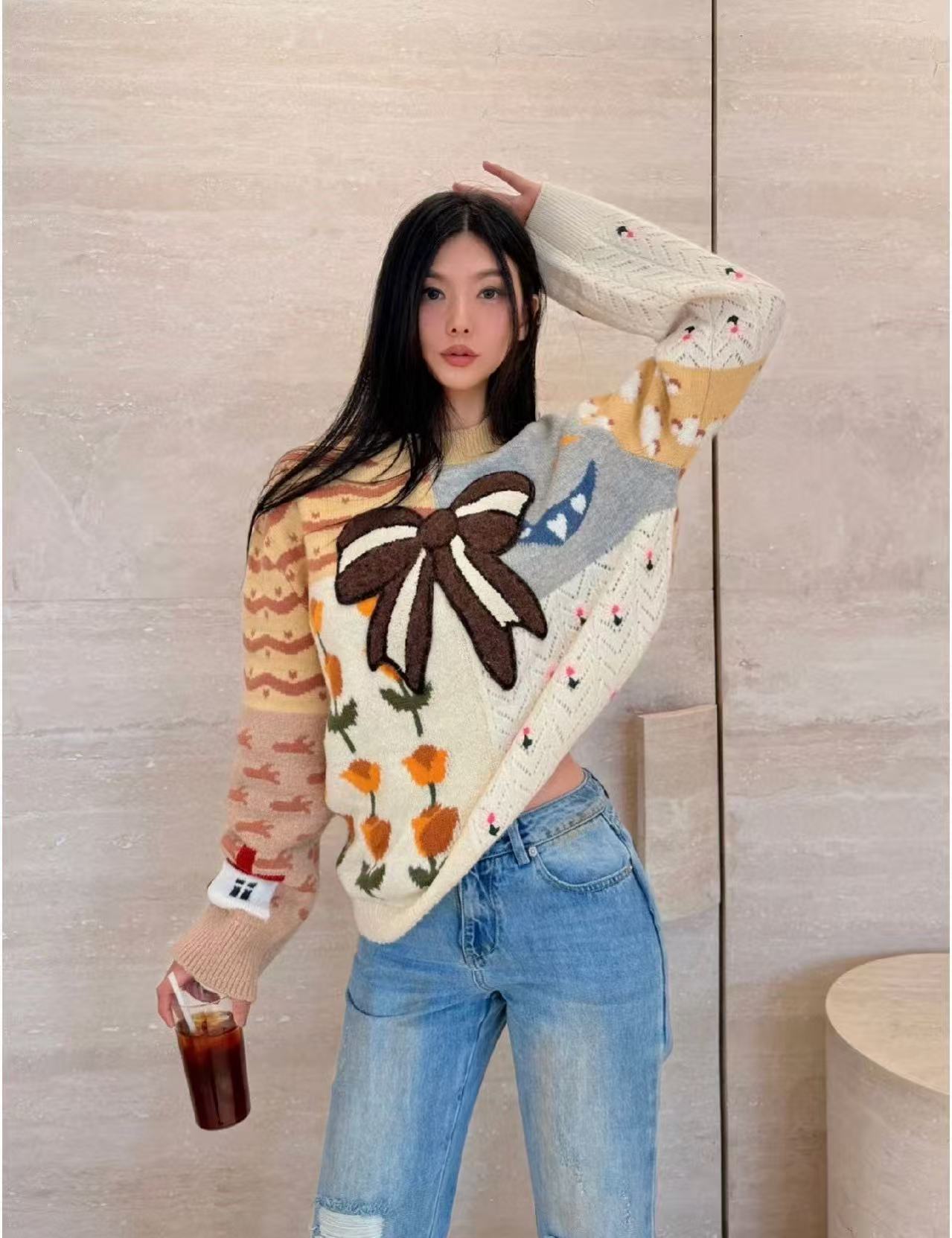 CHANE1 ボウタイカラーブロックセーター【50％割引+送料無料】