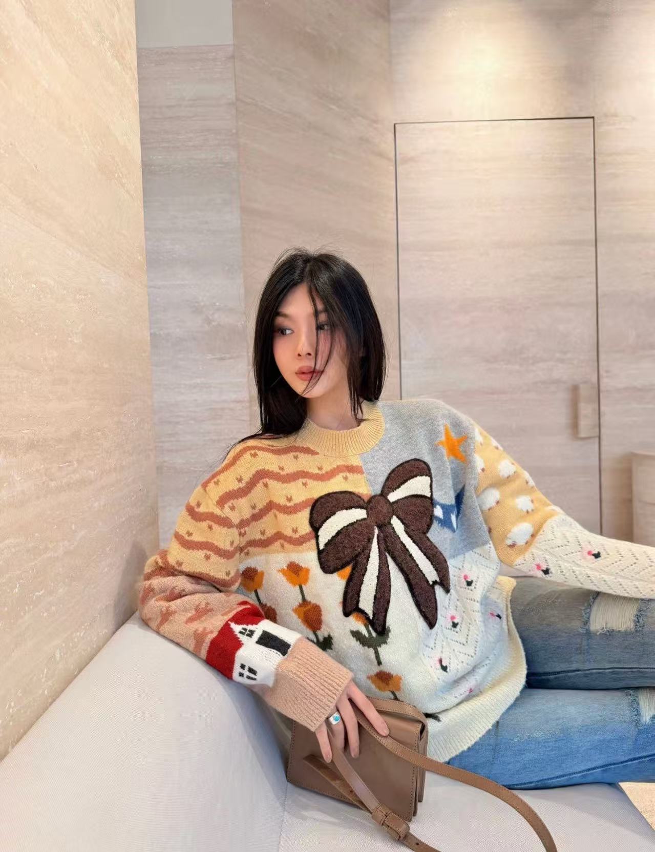 CHANE1 ボウタイカラーブロックセーター【50％割引+送料無料】