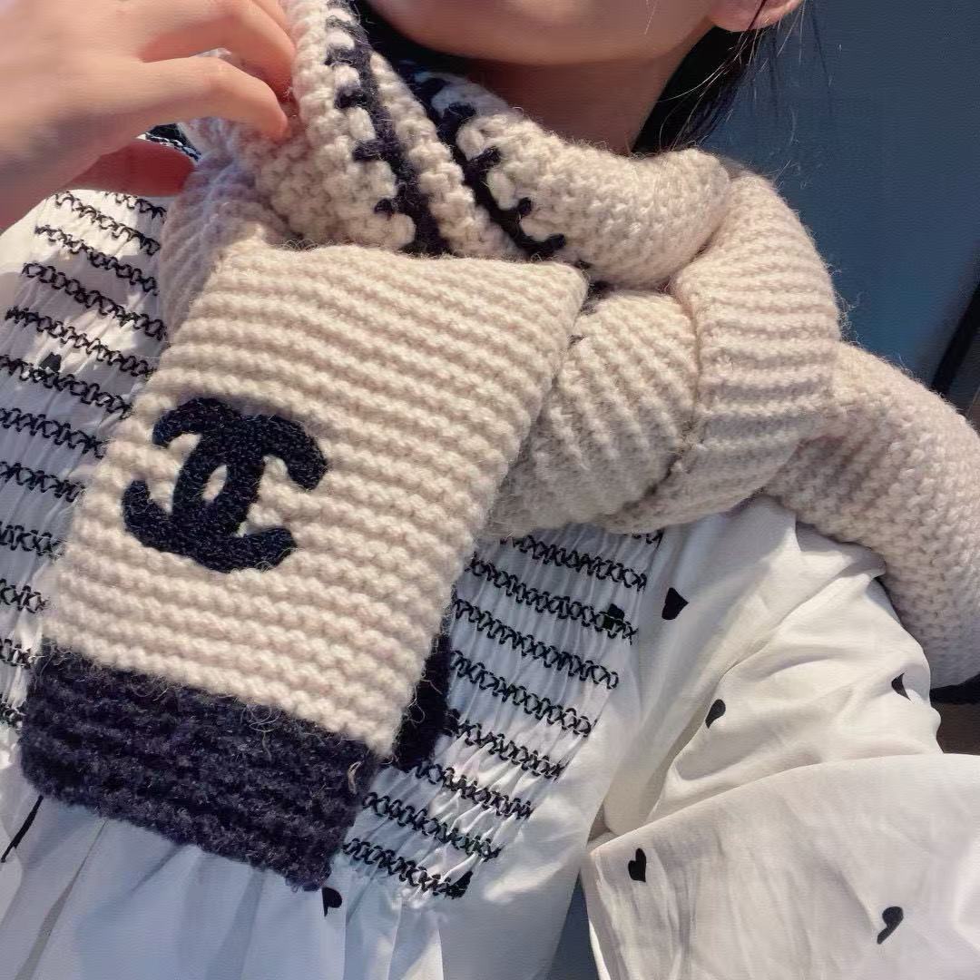 CHANE1 ダブルC カラーブロック カシミアスカーフ【50％割引+送料無料】