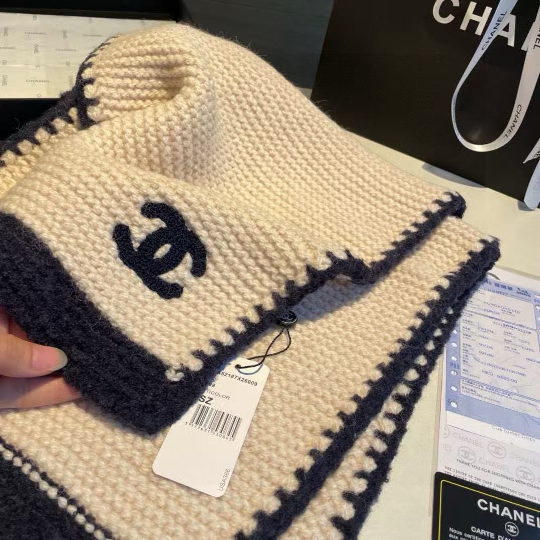 CHANE1 ダブルC カラーブロック カシミアスカーフ【50％割引+送料無料】