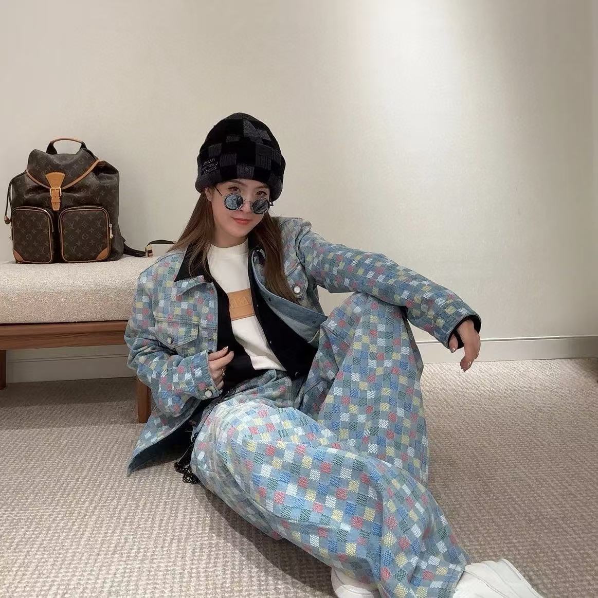 LVチェック柄デニムジャケットとパンツのツーピースセット【50％割引+送料無料】