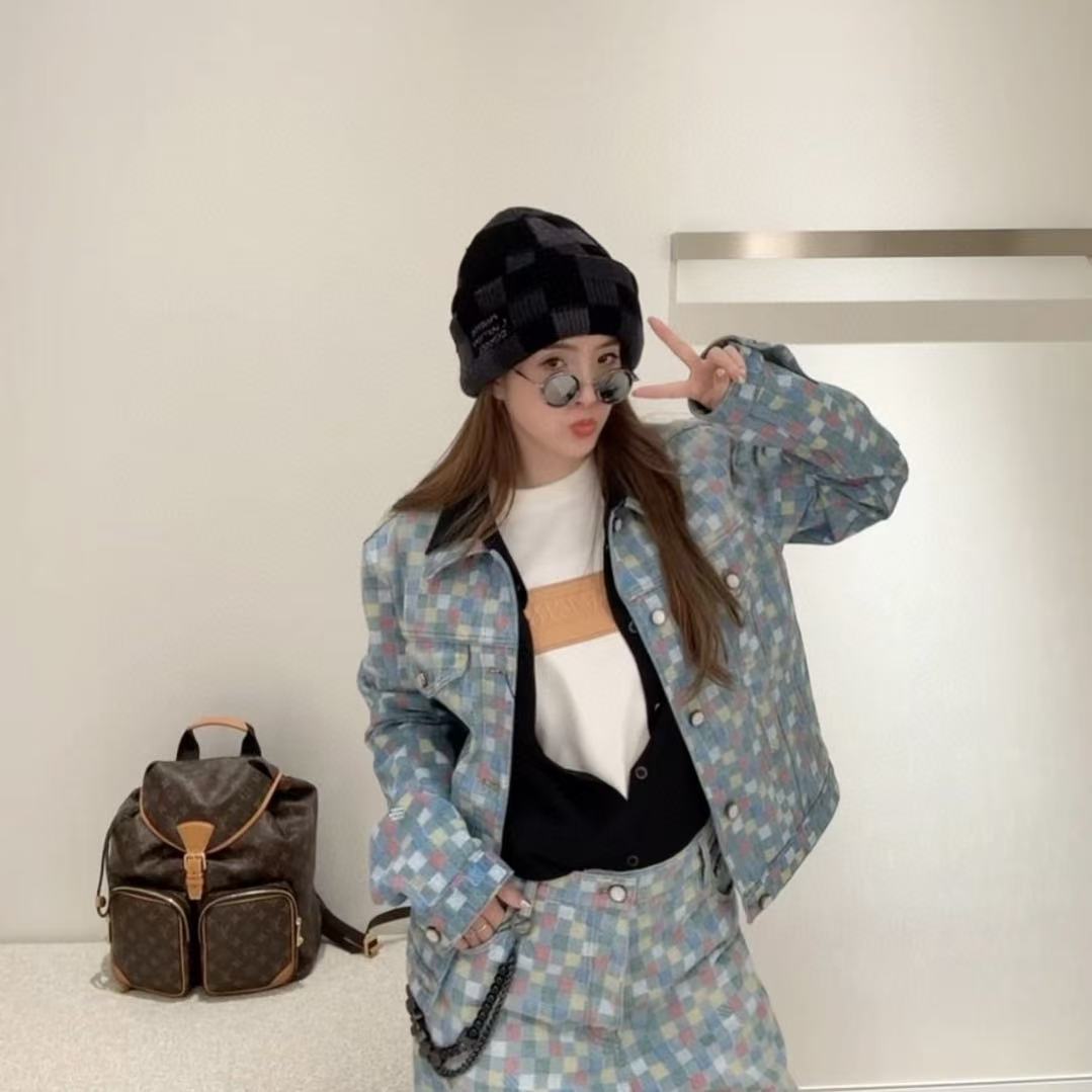 LVチェック柄デニムジャケットとパンツのツーピースセット【50％割引+送料無料】