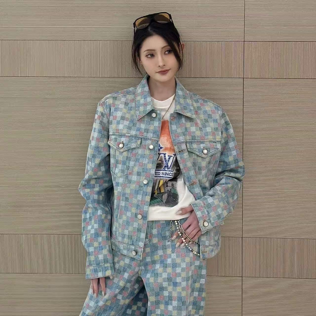 LVチェック柄デニムジャケットとパンツのツーピースセット【50％割引+送料無料】