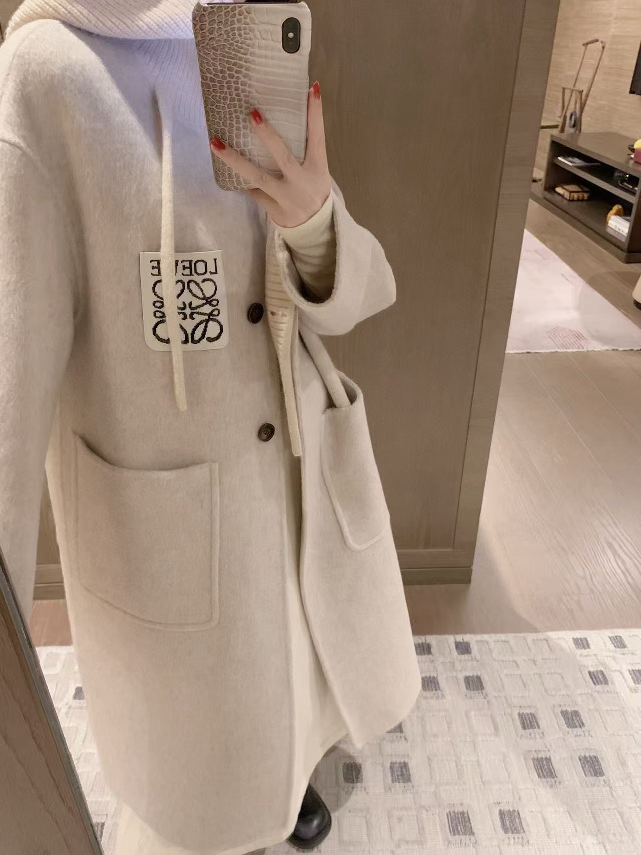 L0WEW フード付きロングカシミアコート【50％割引+送料無料】