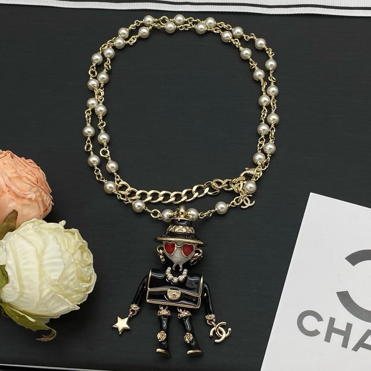 CHANE1 ダブルC パールドール セーターネックレス【50％割引+送料無料】