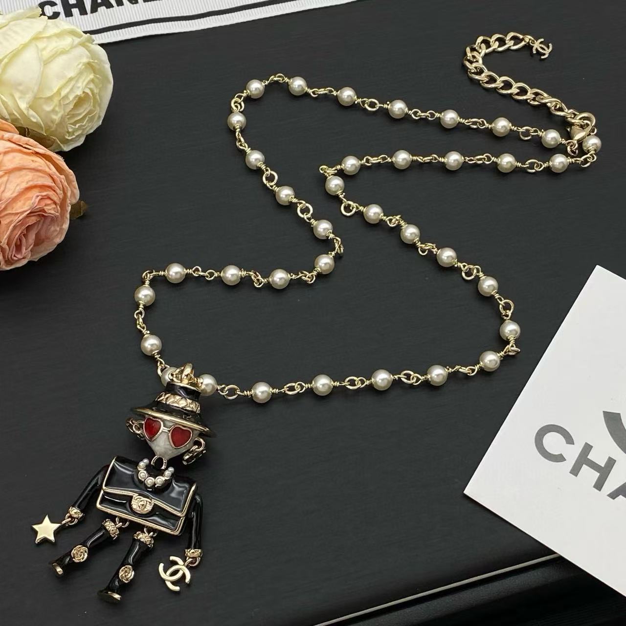 CHANE1 ダブルC パールドール セーターネックレス【50％割引+送料無料】