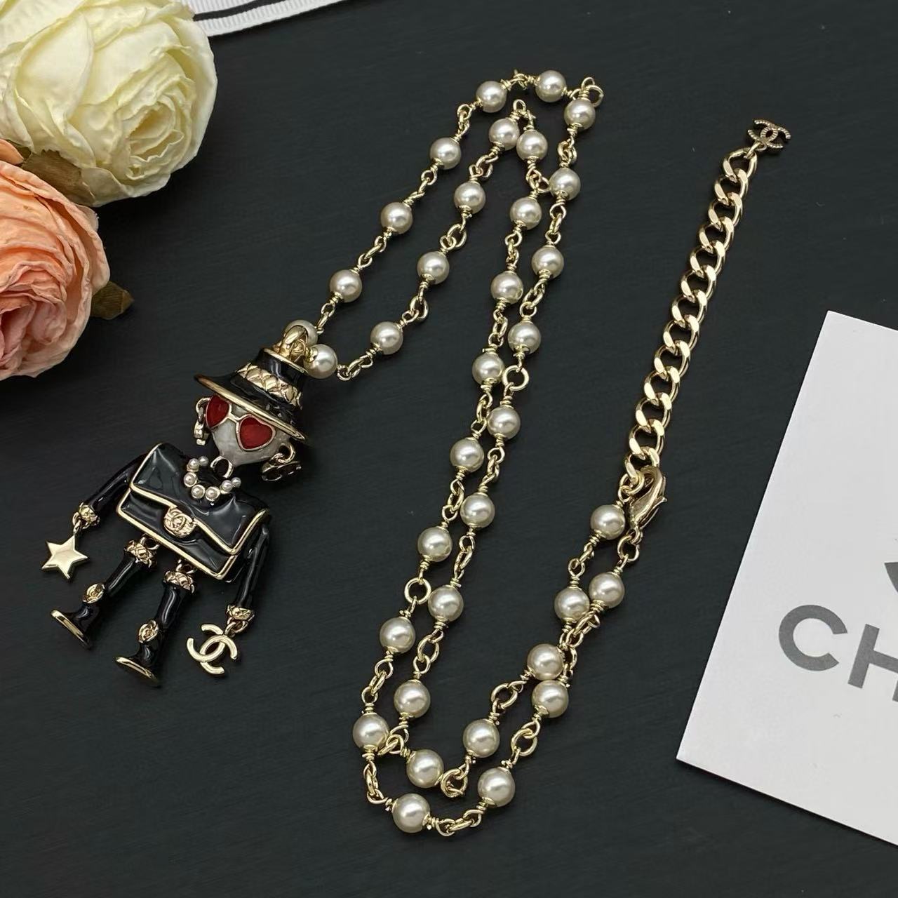 CHANE1 ダブルC パールドール セーターネックレス【50％割引+送料無料】