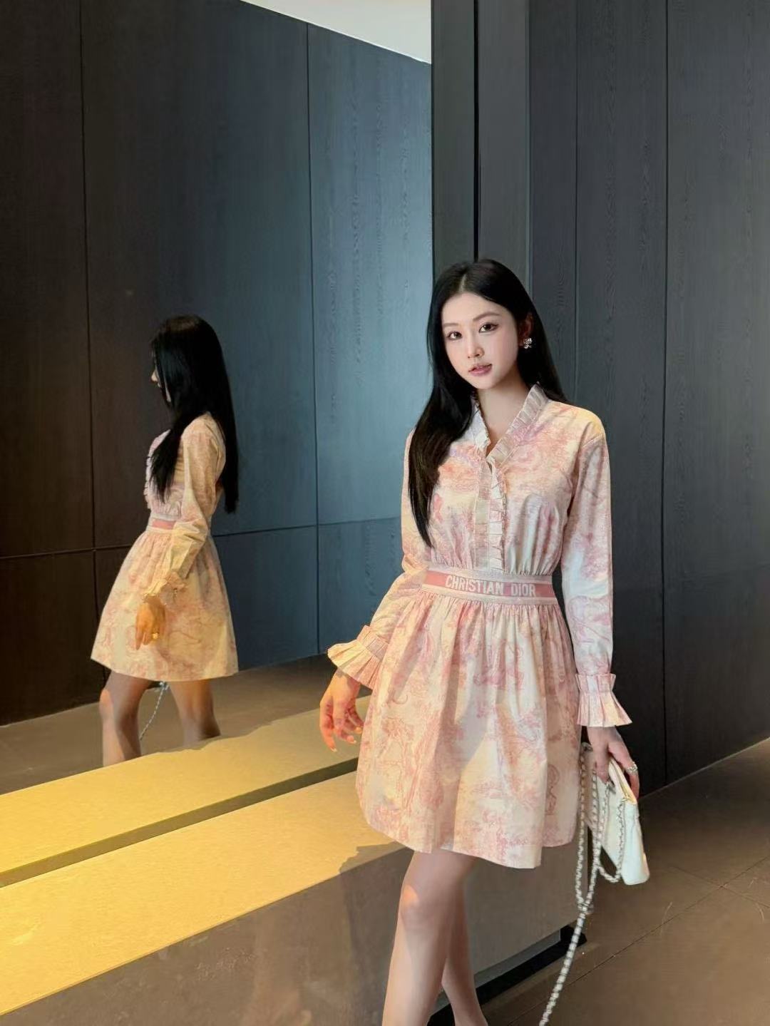 DIOR ラッフルプリント ロングスリーブ ドレス【50％割引+送料無料】