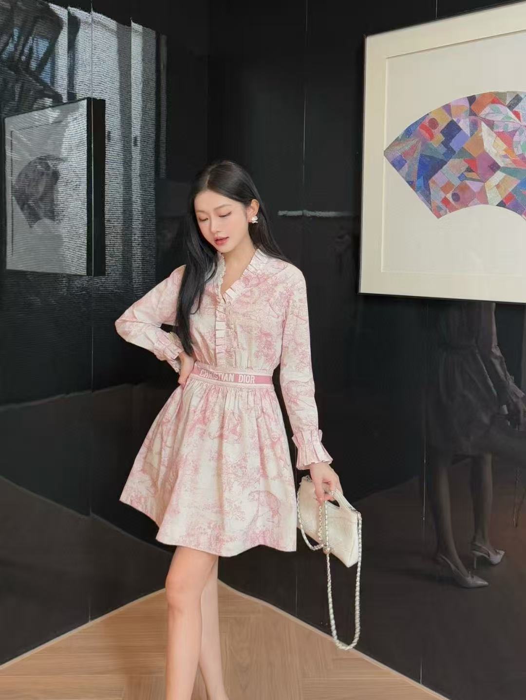 DIOR ラッフルプリント ロングスリーブ ドレス【50％割引+送料無料】