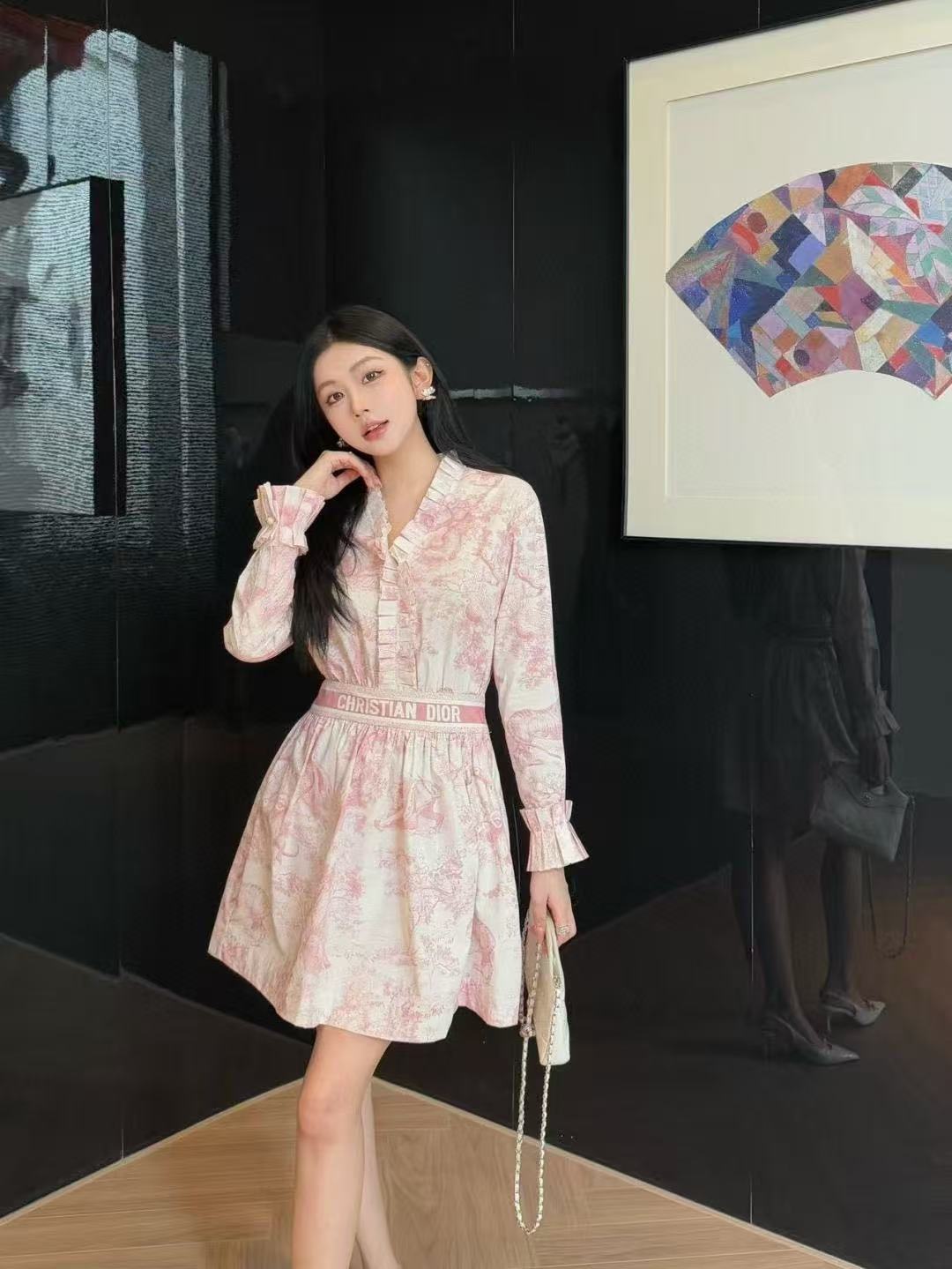 DIOR ラッフルプリント ロングスリーブ ドレス【50％割引+送料無料】