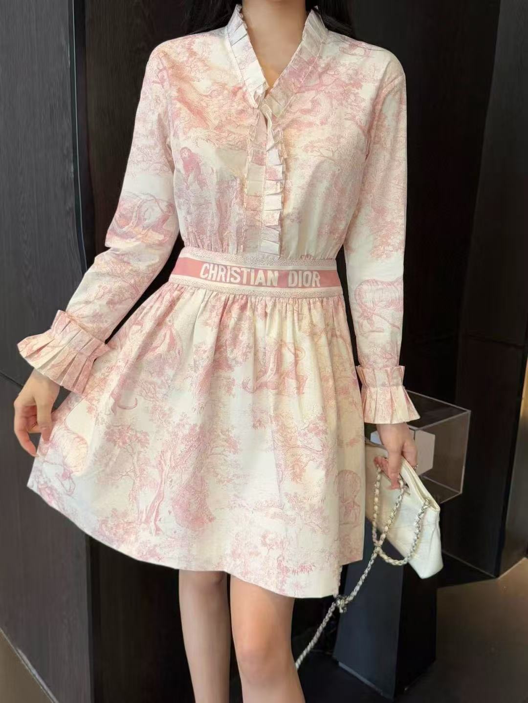 DIOR ラッフルプリント ロングスリーブ ドレス【50％割引+送料無料】