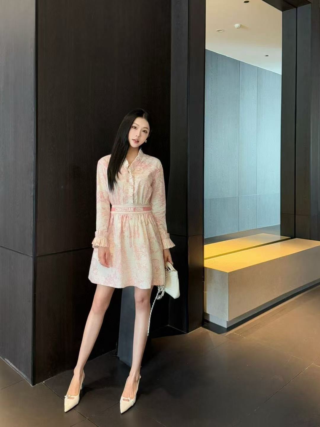 DIOR ラッフルプリント ロングスリーブ ドレス【50％割引+送料無料】