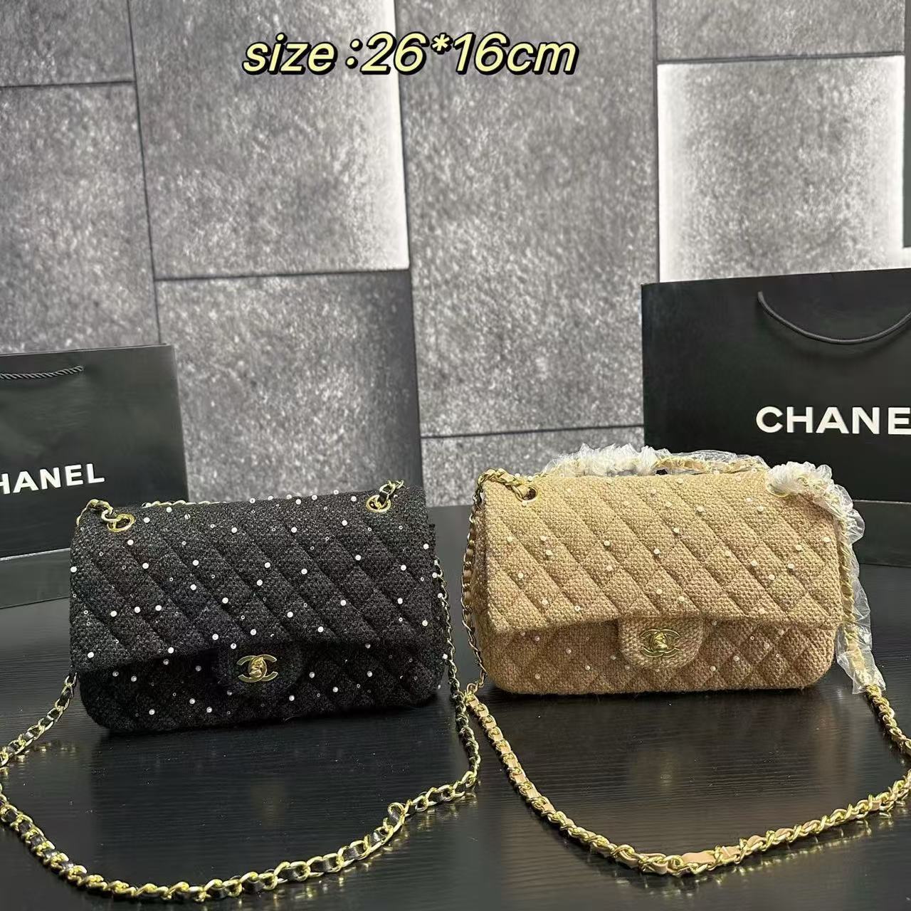 CHANE1CF クラシックウールパールチェーンバッグ【50％割引+送料無料】