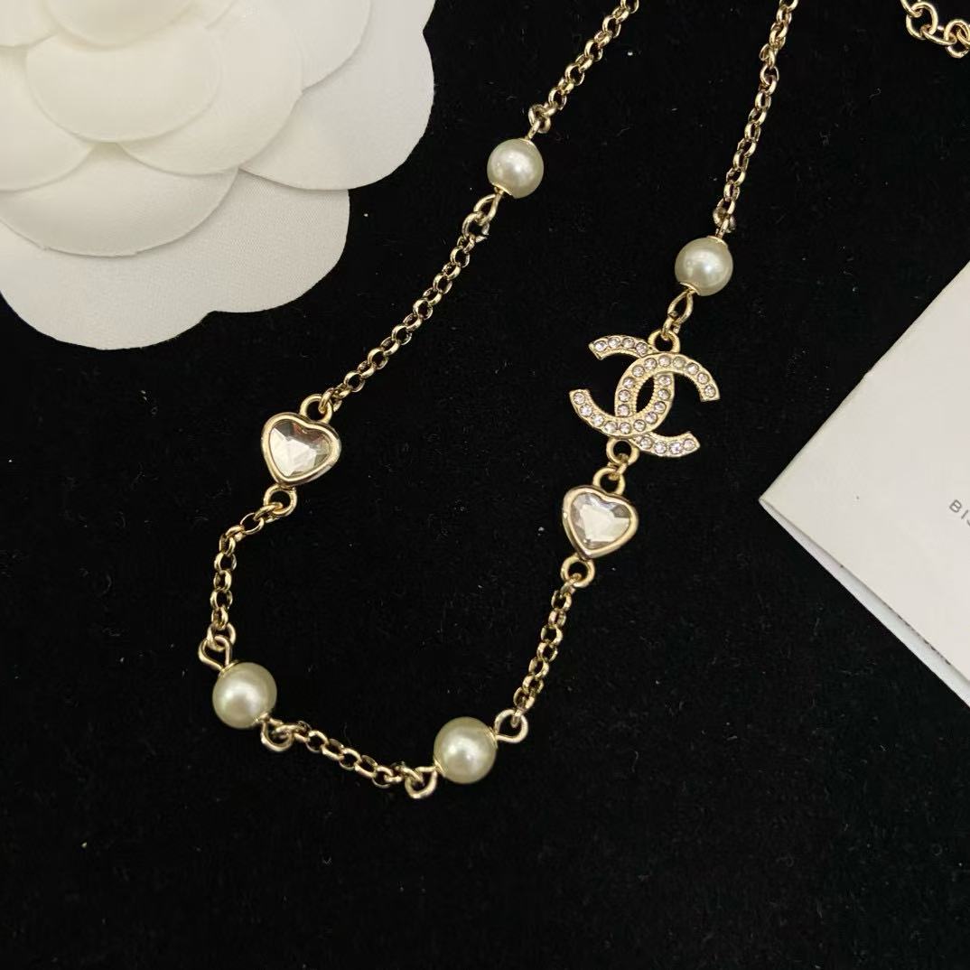 CHANE1 ダブルC ハート パールネックレス【50％割引+送料無料】