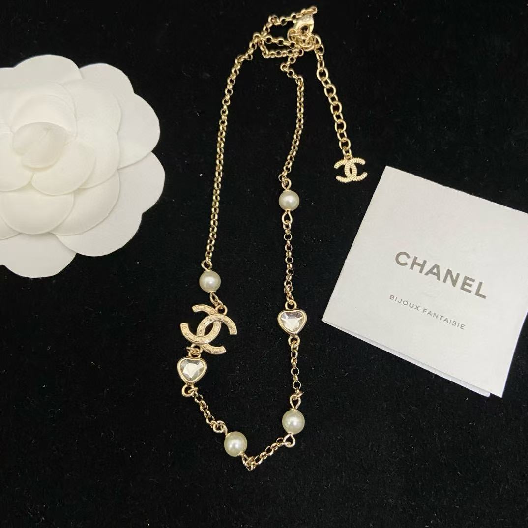 CHANE1 ダブルC ハート パールネックレス【50％割引+送料無料】