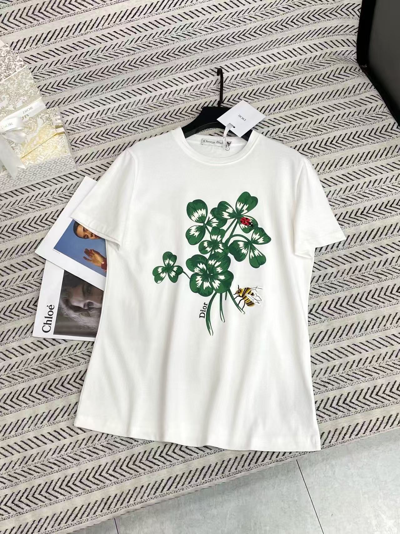 DIOR 四つ葉のクローバー フラワー 刺繍 レター Tシャツ【50％割引+送料無料】