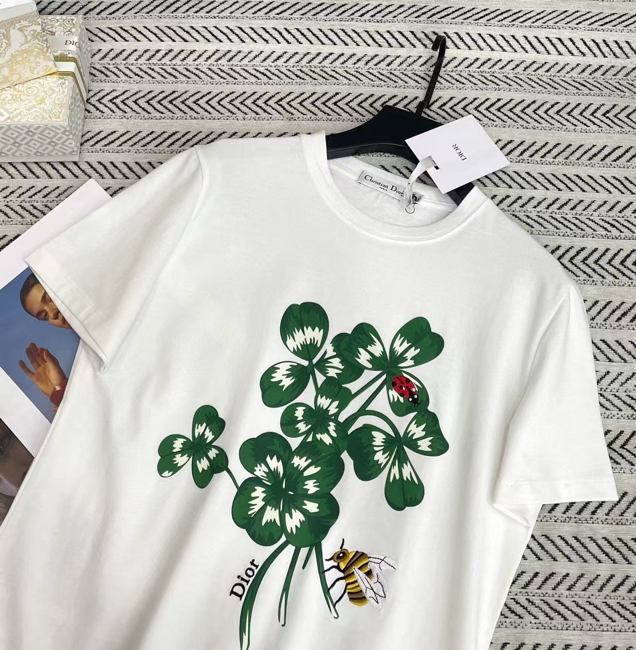 DIOR 四つ葉のクローバー フラワー 刺繍 レター Tシャツ【50％割引+送料無料】
