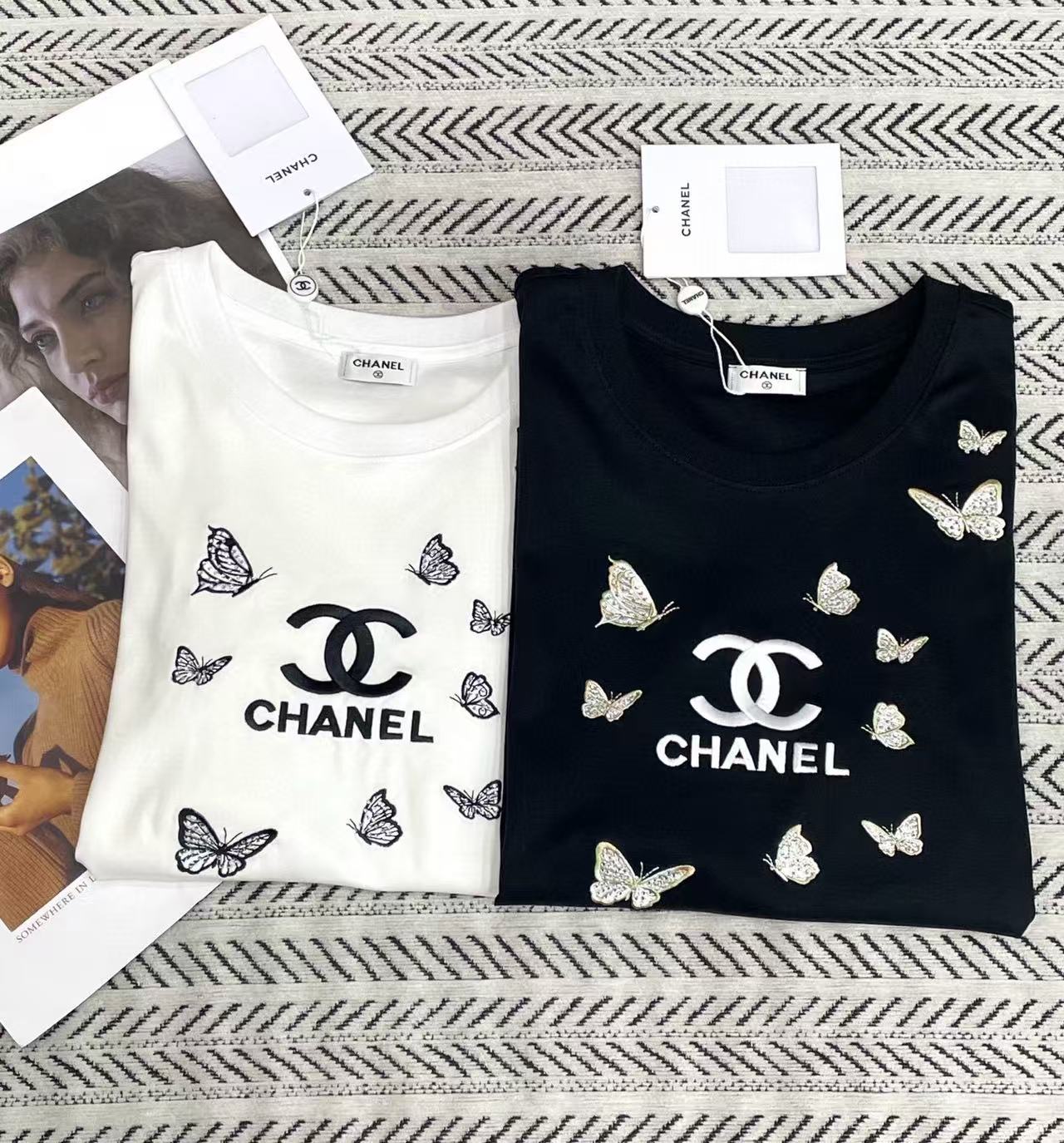 CHANE1 ダブルC 刺繍バタフライTシャツ【50％割引+送料無料】