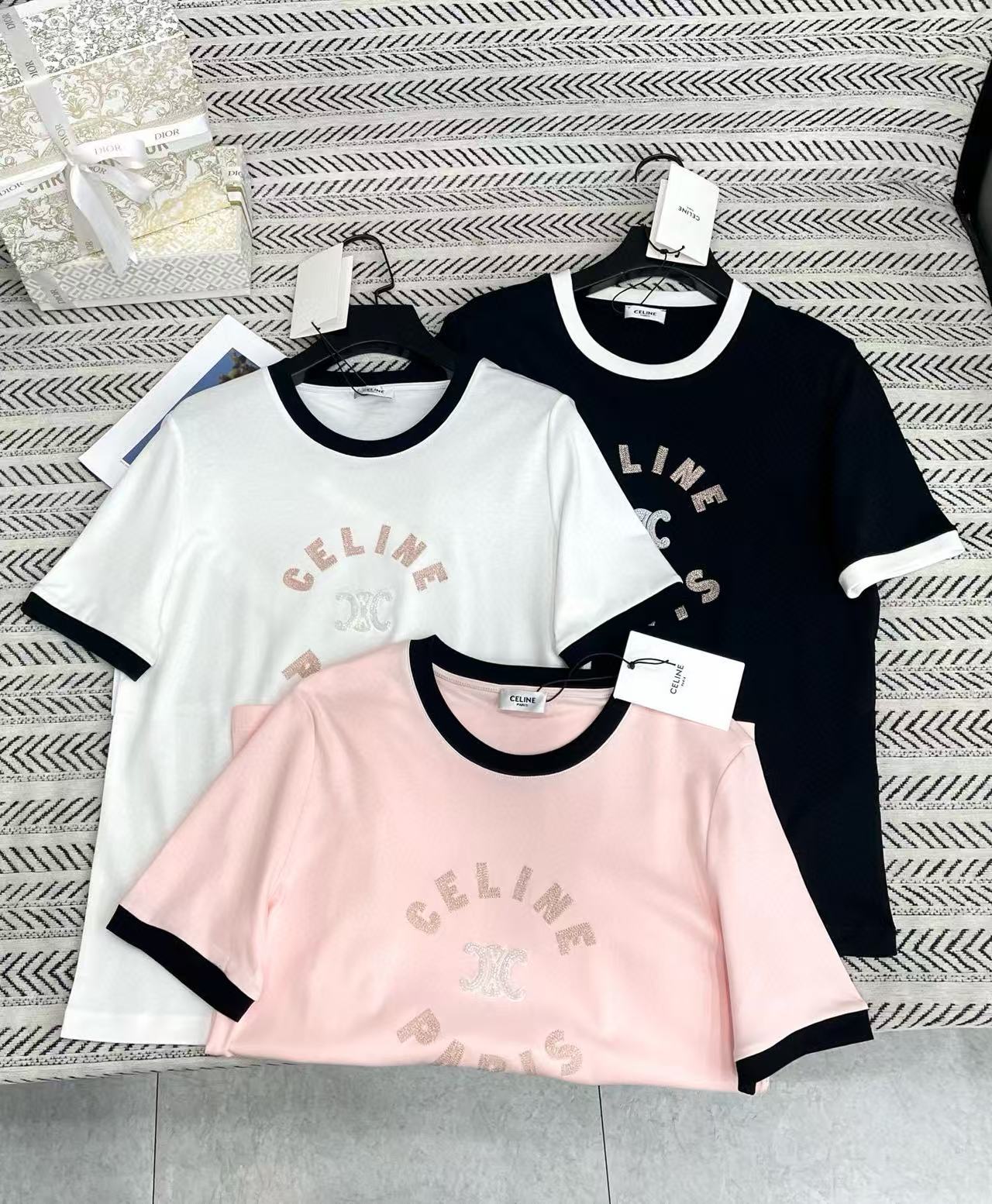 CEL1NE カラーブロック 刺繍 レター ビーズ Tシャツ【50％割引+送料無料】