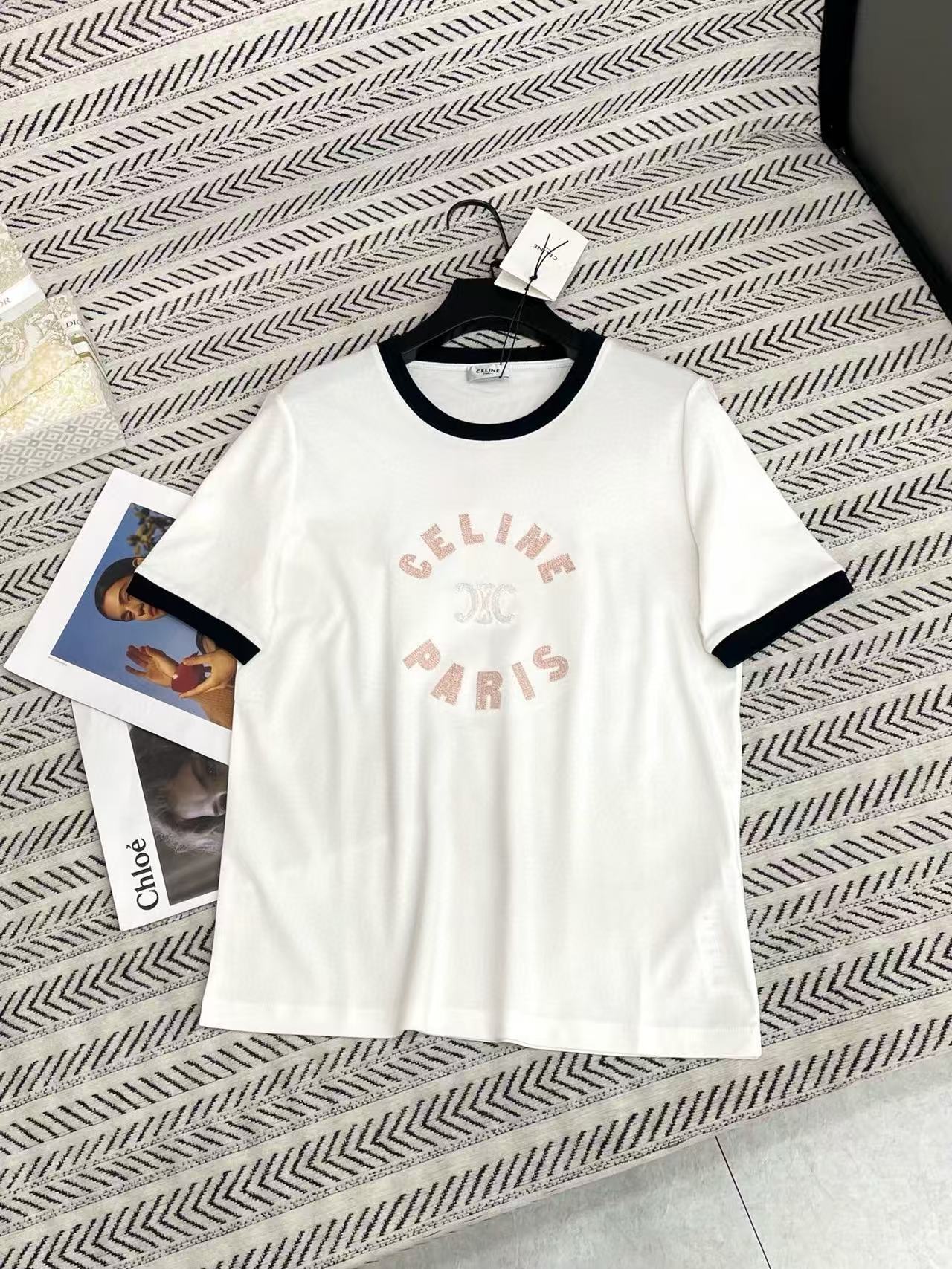 CEL1NE カラーブロック 刺繍 レター ビーズ Tシャツ【50％割引+送料無料】