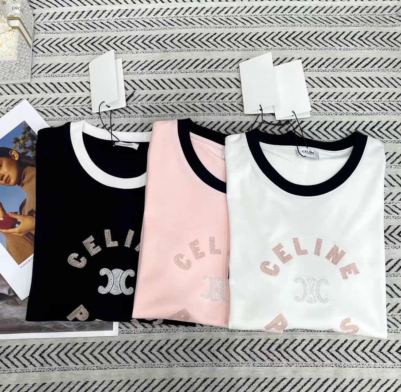 CEL1NE カラーブロック 刺繍 レター ビーズ Tシャツ【50％割引+送料無料】