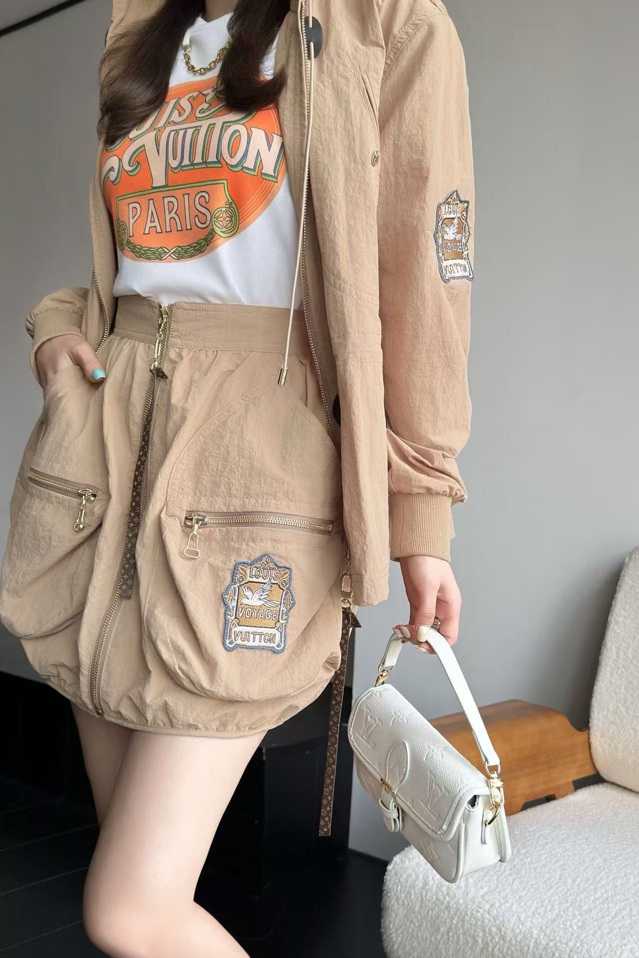 CHANE1 フード付きジャケット+スカート ツーピースセット【50％割引+送料無料】