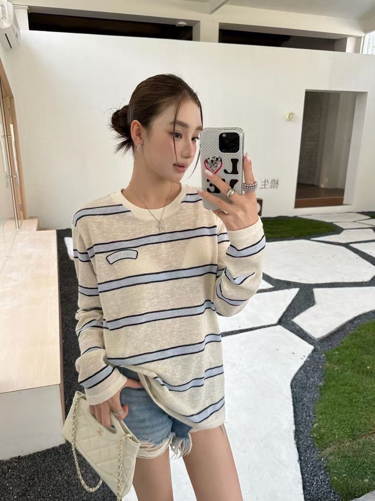 M1UM1U ストライプサンプロテクションTシャツ【50％割引+送料無料】