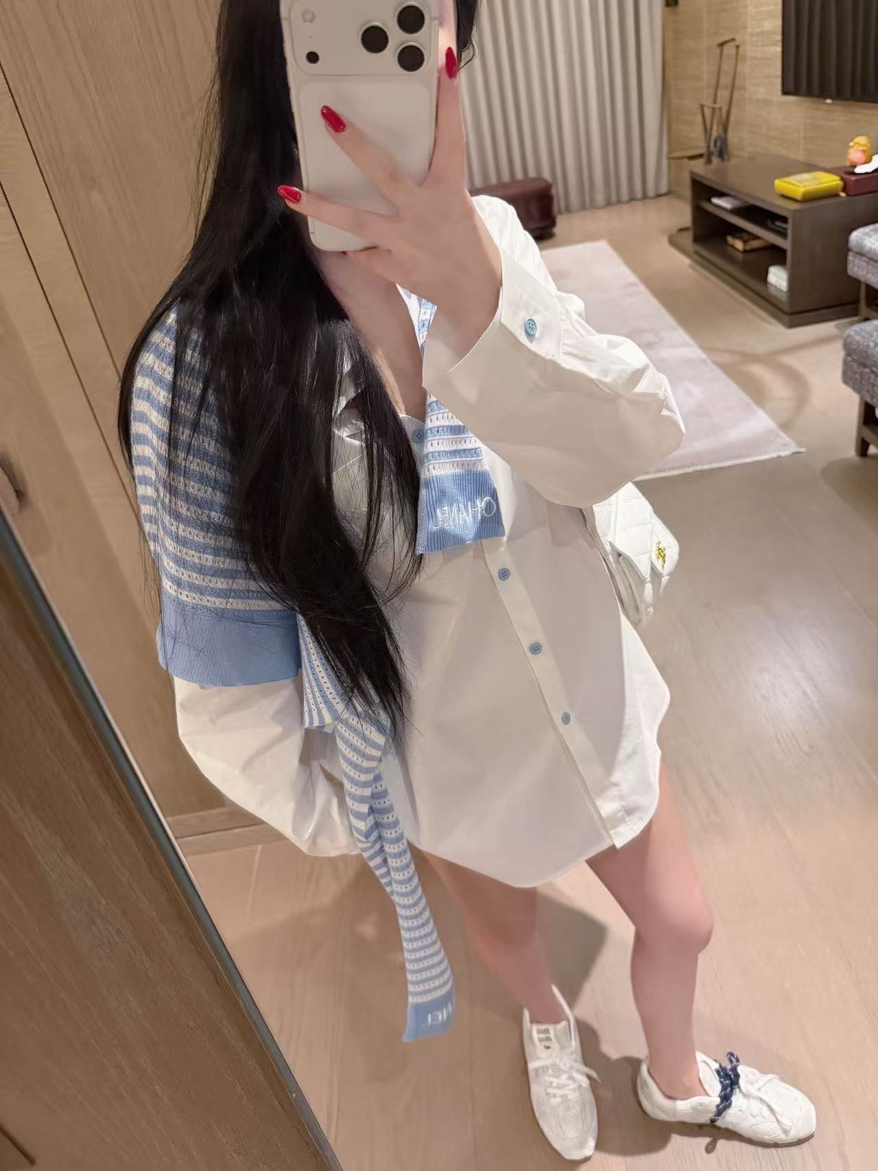 CHANE1 ストライプスカーフ+シャツ ツーピースセット【50％割引+送料無料】