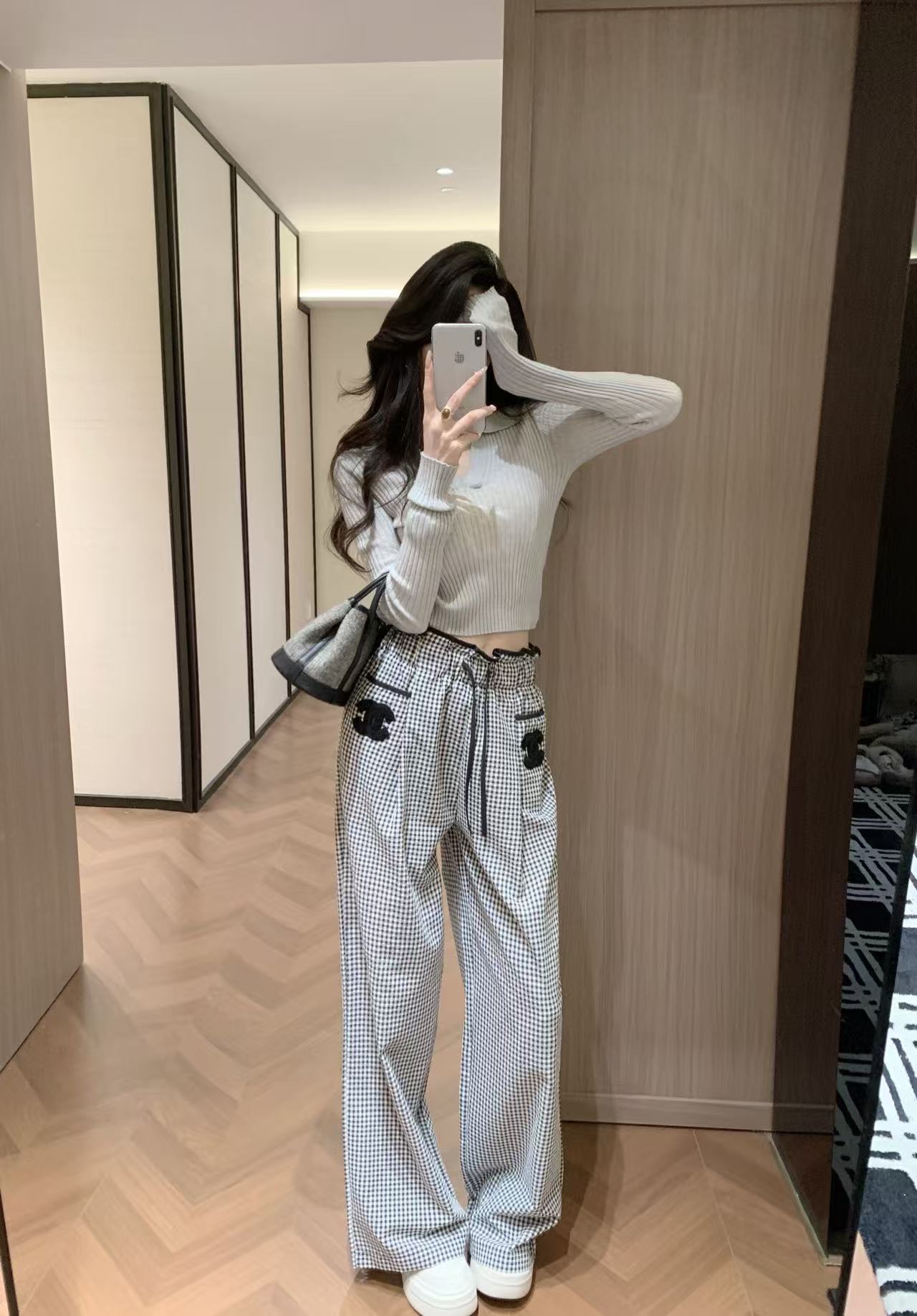 CHANE1 ダブルC チェック ドローストリング カジュアルパンツ【50％割引+送料無料】