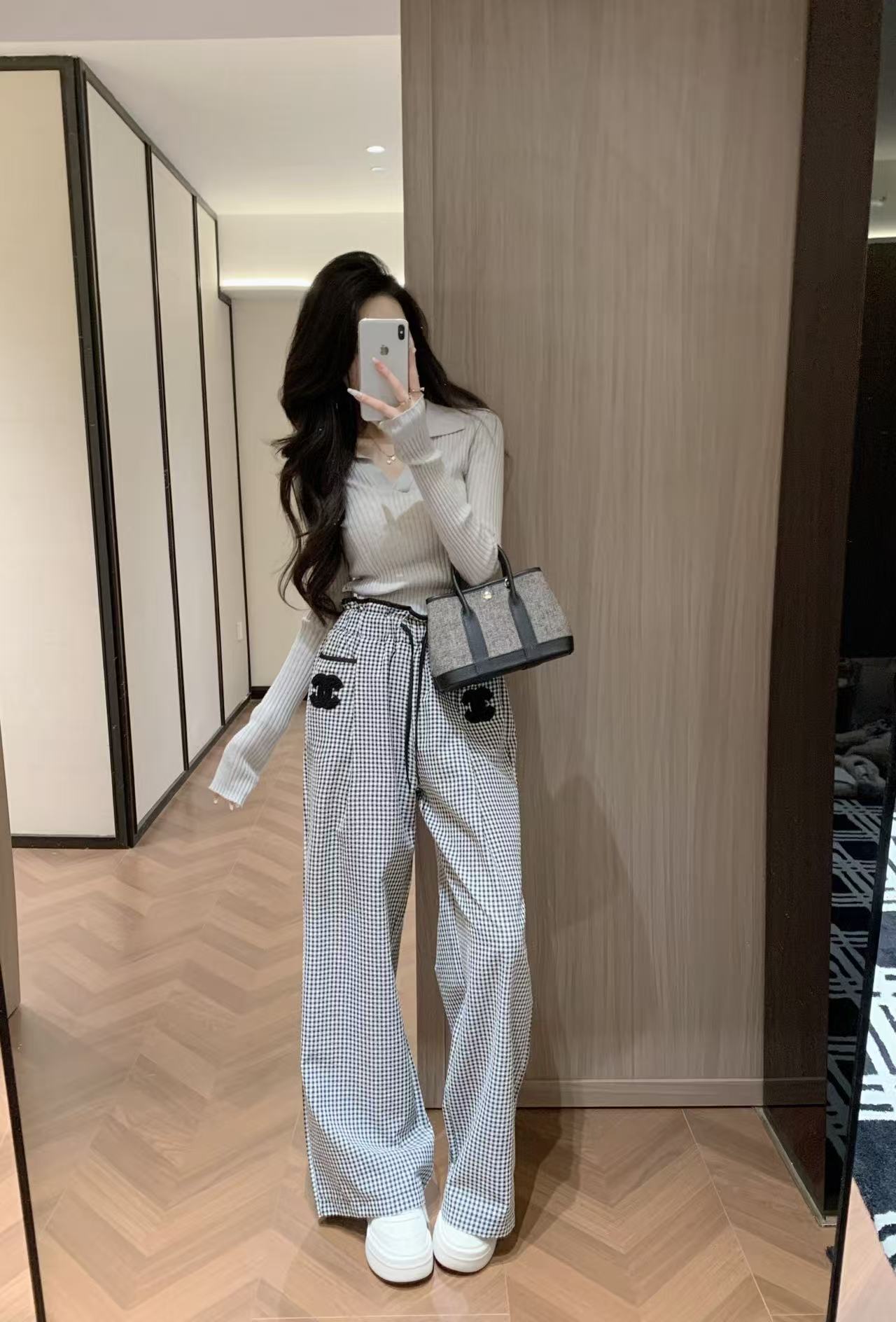 CHANE1 ダブルC チェック ドローストリング カジュアルパンツ【50％割引+送料無料】