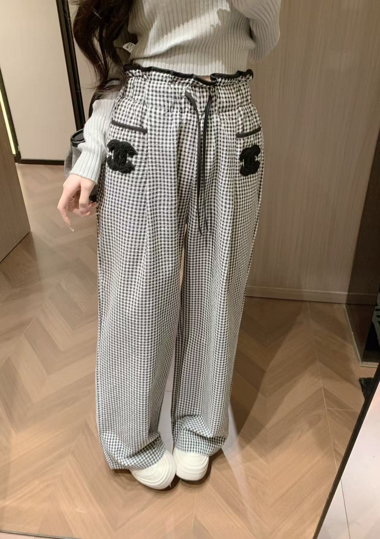 CHANE1 ダブルC チェック ドローストリング カジュアルパンツ【50％割引+送料無料】