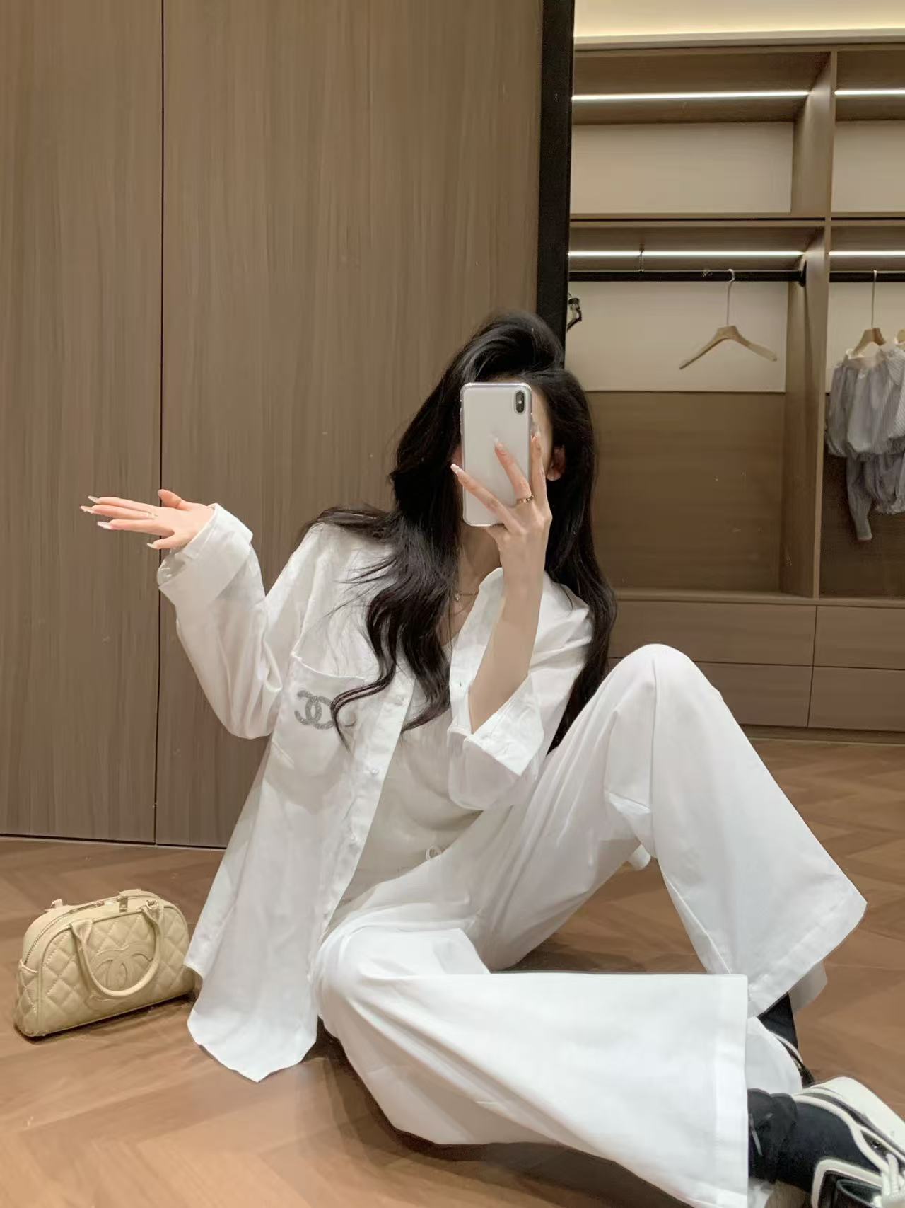 CHANE1 ダブルC シンプルシャツ＋パンツ ツーピースセット【50％割引+送料無料】