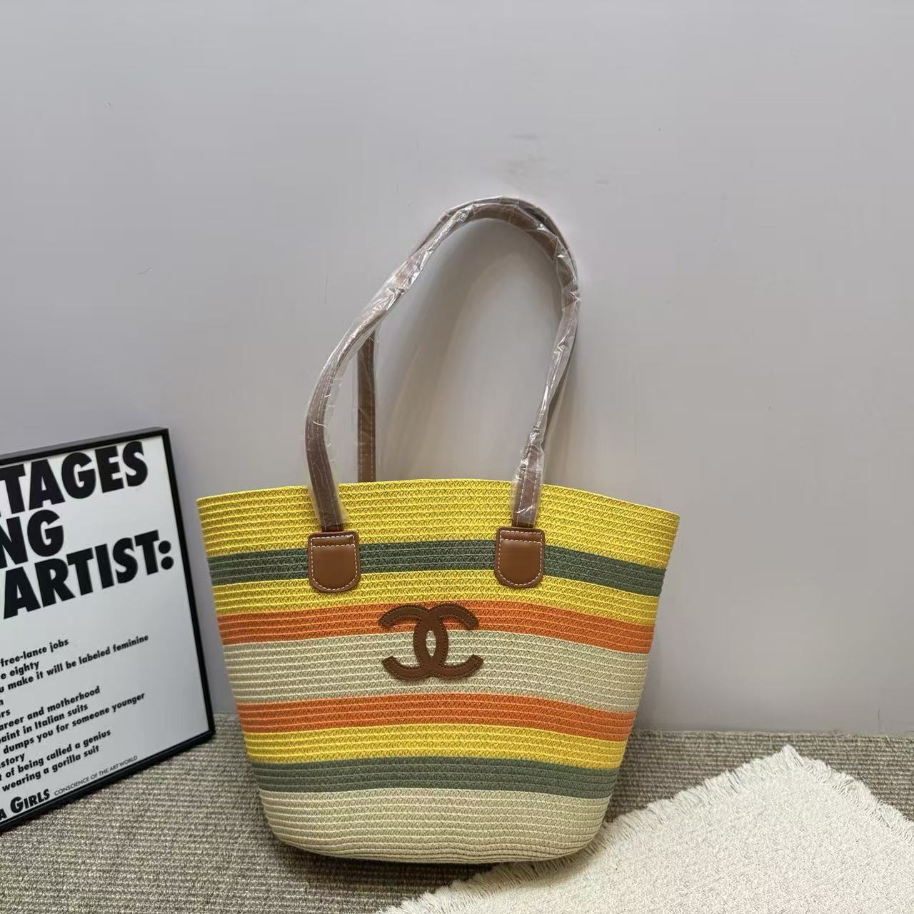 CHANE1 ダブルC カラーブロック ウーブンバッグ【50％割引+送料無料】