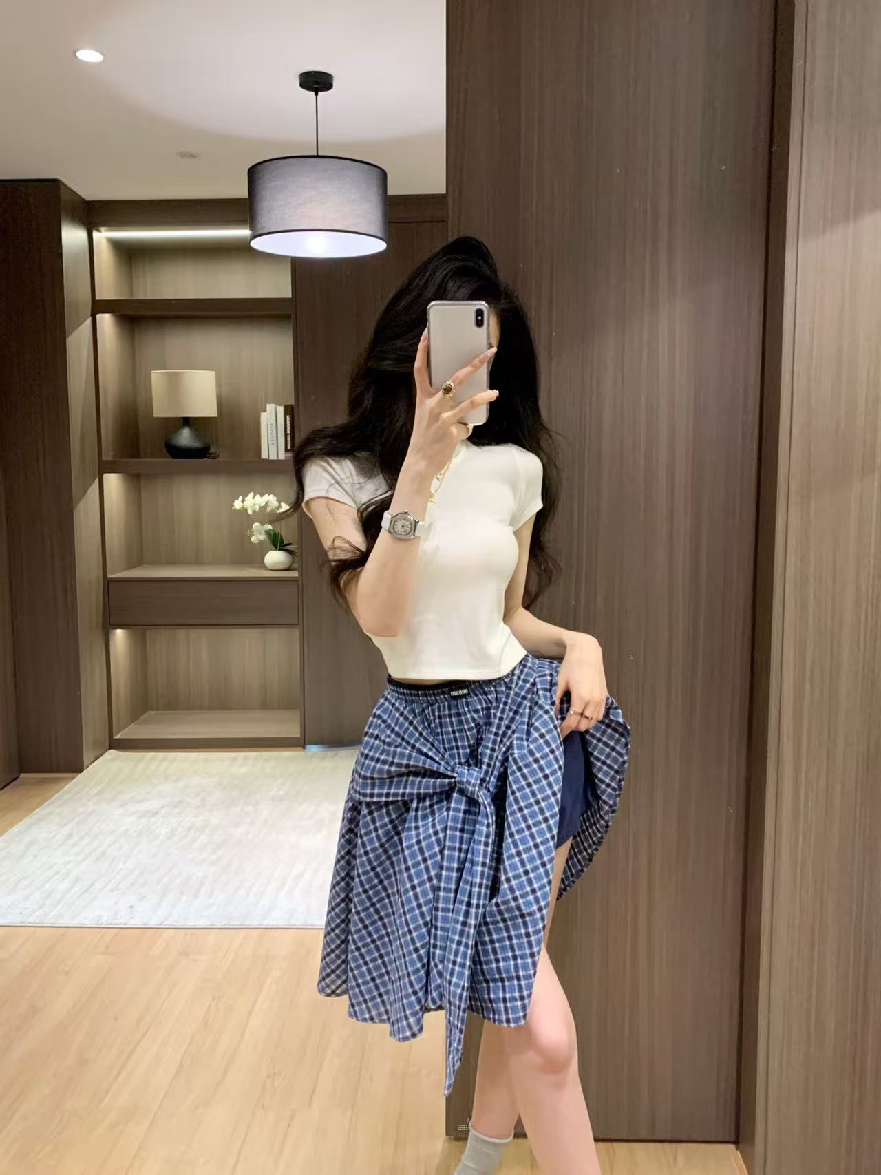 M1UM1U チェック柄タイアップミディスカート【50％割引+送料無料】