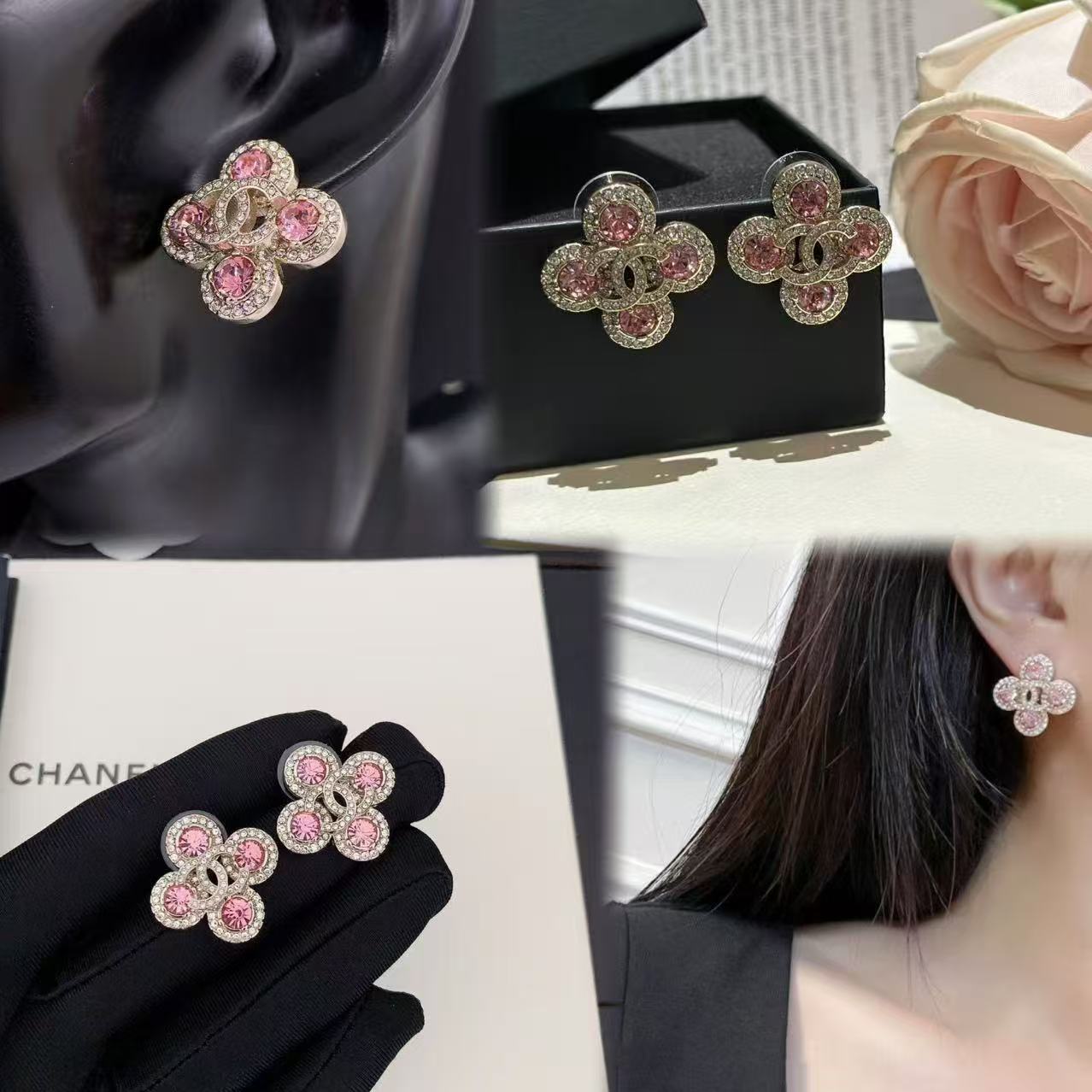 CHANE1 ダブルC ピンク 四つ葉のクローバー イヤリング【50％割引+送料無料】