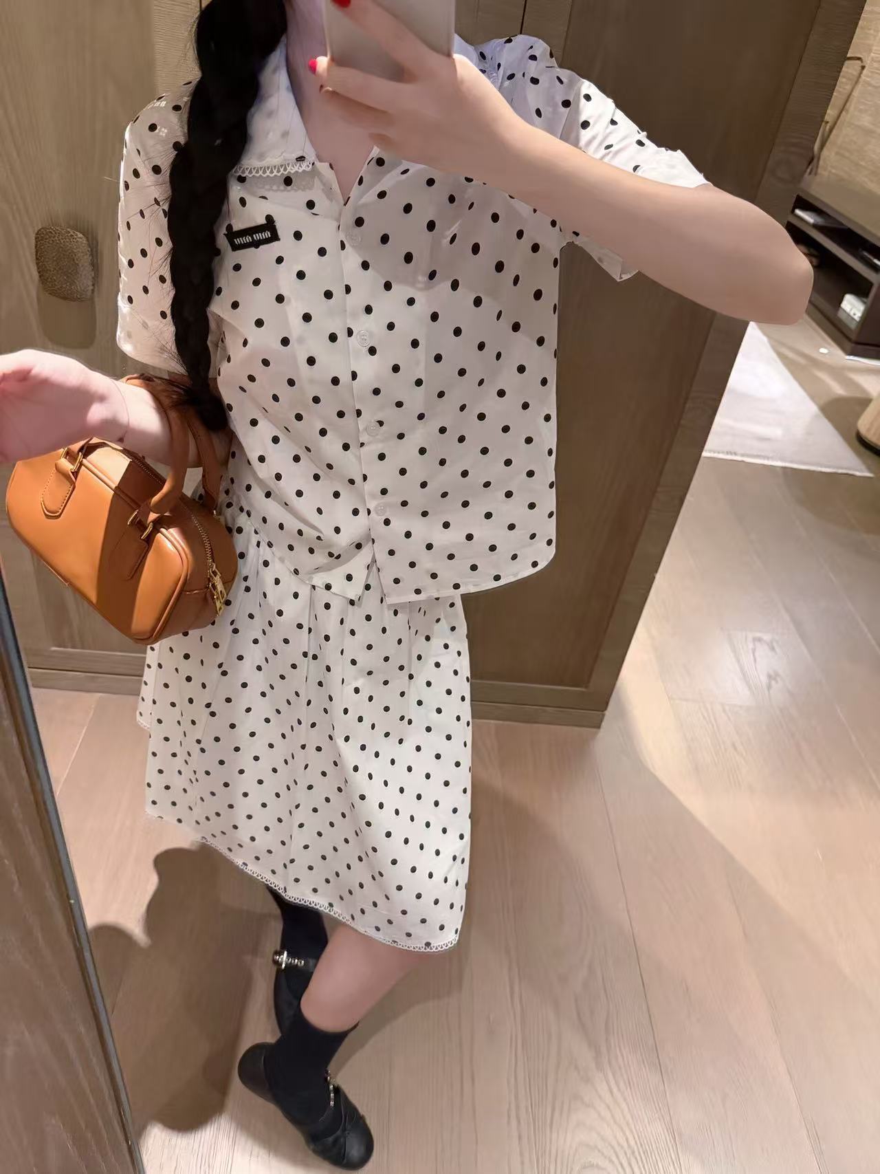 M1UM1U 水玉シャツ＋スカート ツーピースセット【50％割引+送料無料】